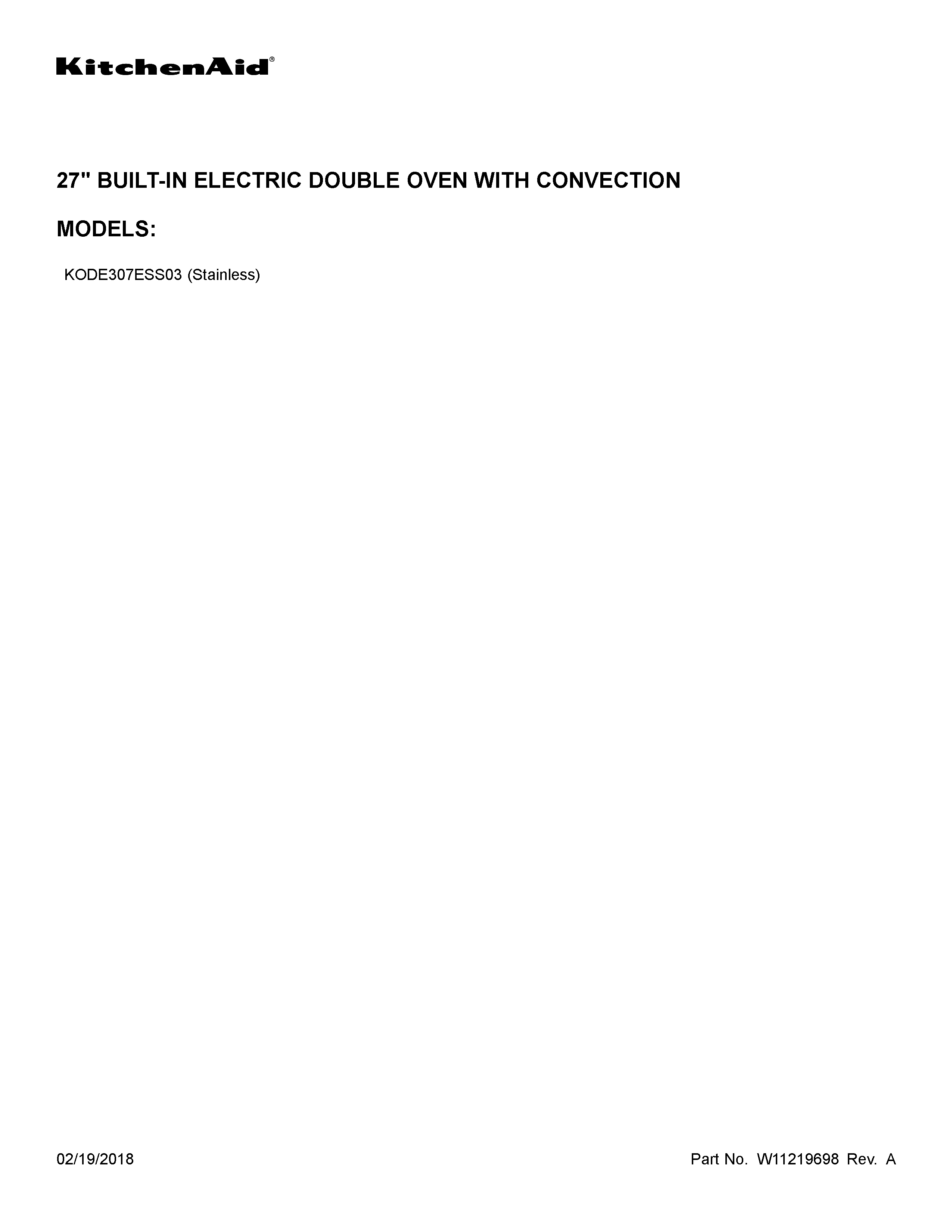 KitchenAid KODE307ESS03 cover sheet diagram