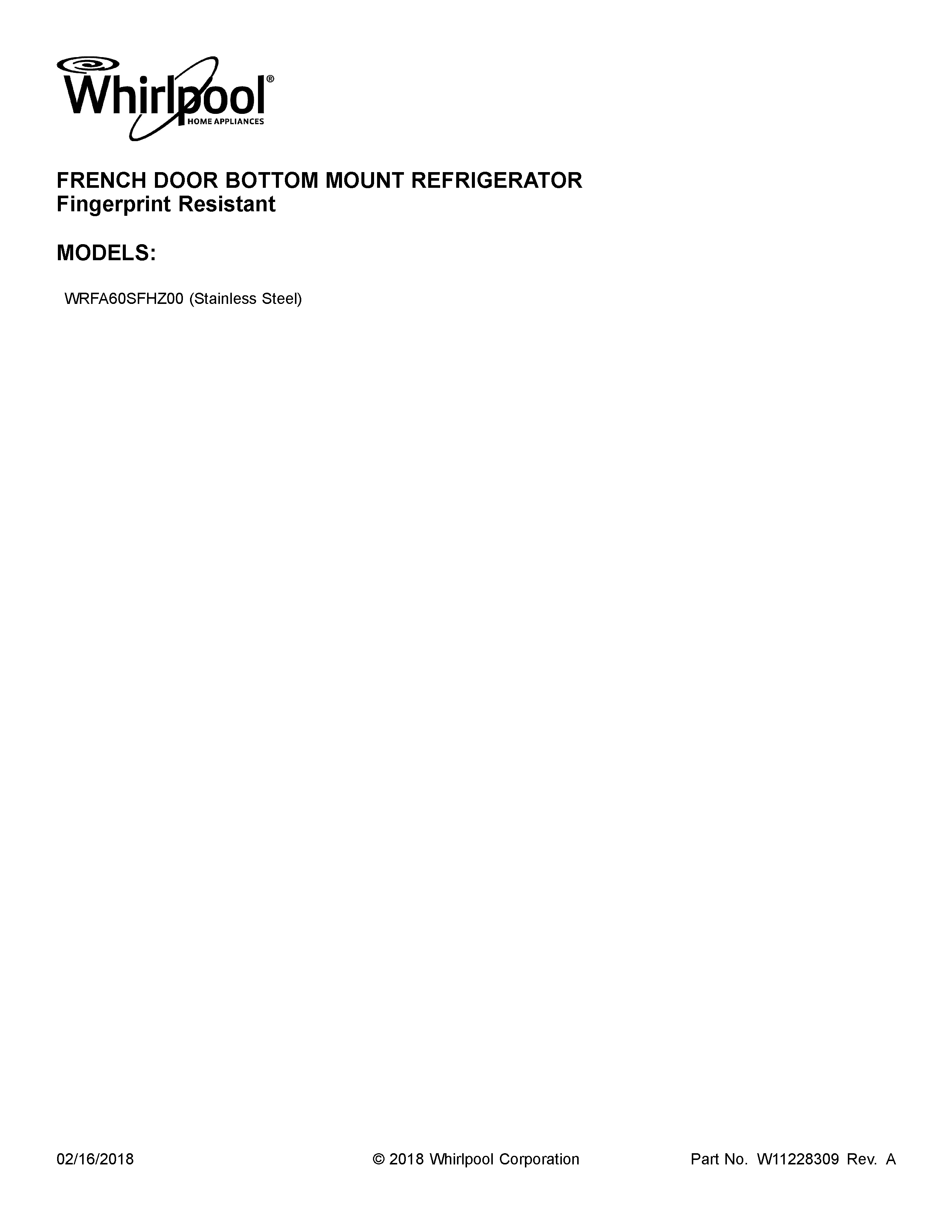 Whirlpool WRFA60SFHZ00 cover sheet diagram