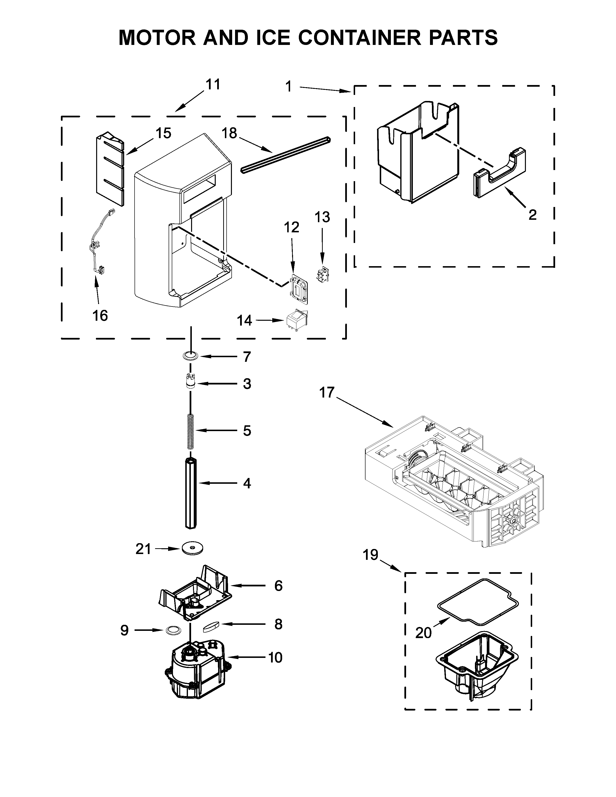 Maytag MSS26C6MFB01 motor and ice container parts diagram
