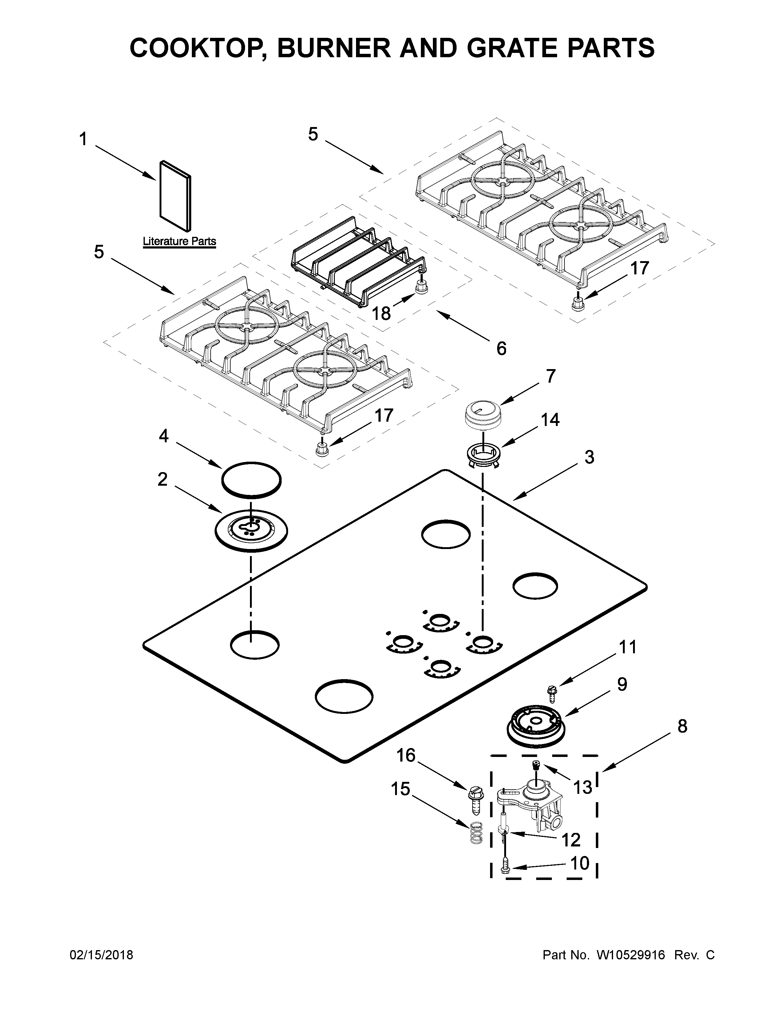 KitchenAid KGCC506RBL05 cooktop, burner and grate parts diagram