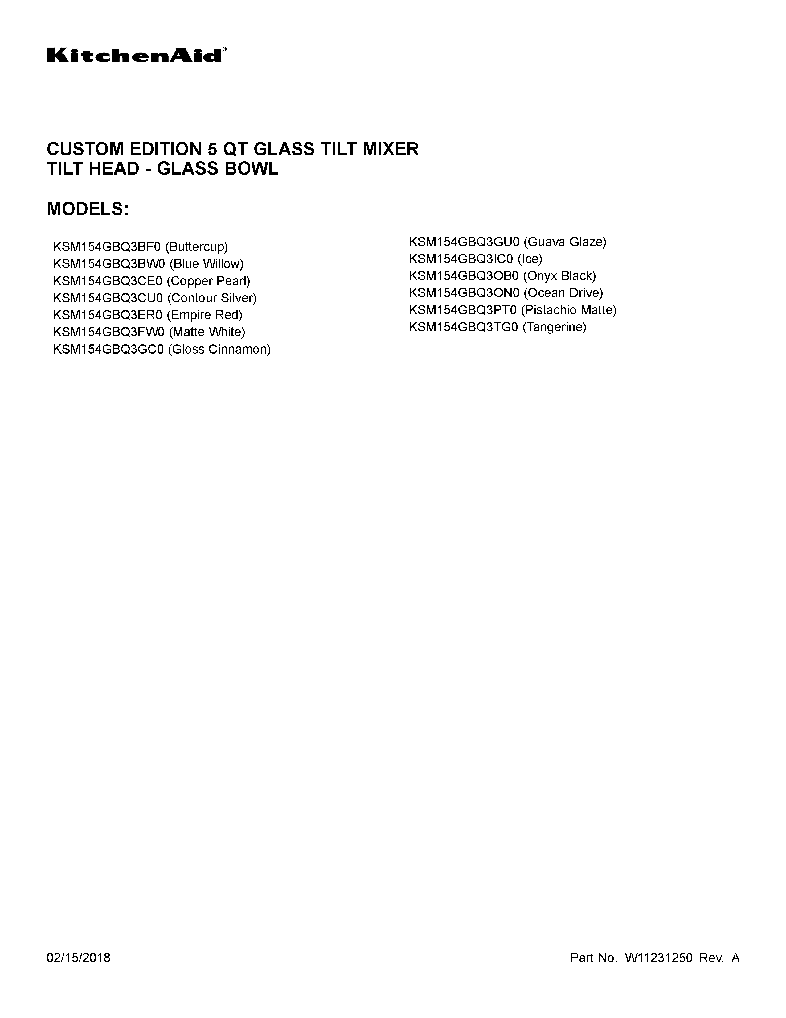 KitchenAid KSM154GBQ3TG0 cover sheet diagram