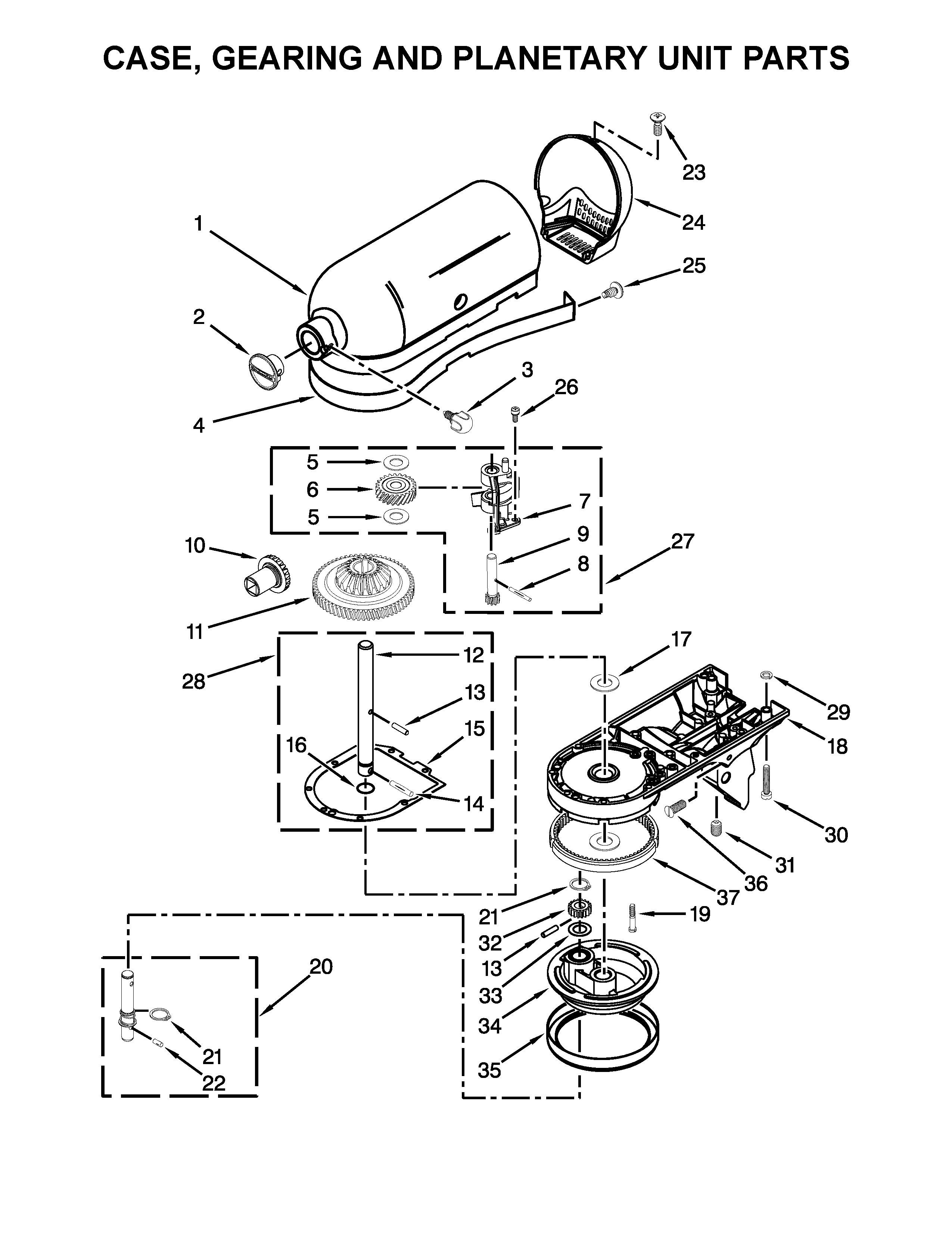 KitchenAid KSM154GBQ3TG0 case, gearing and planetary unit parts diagram