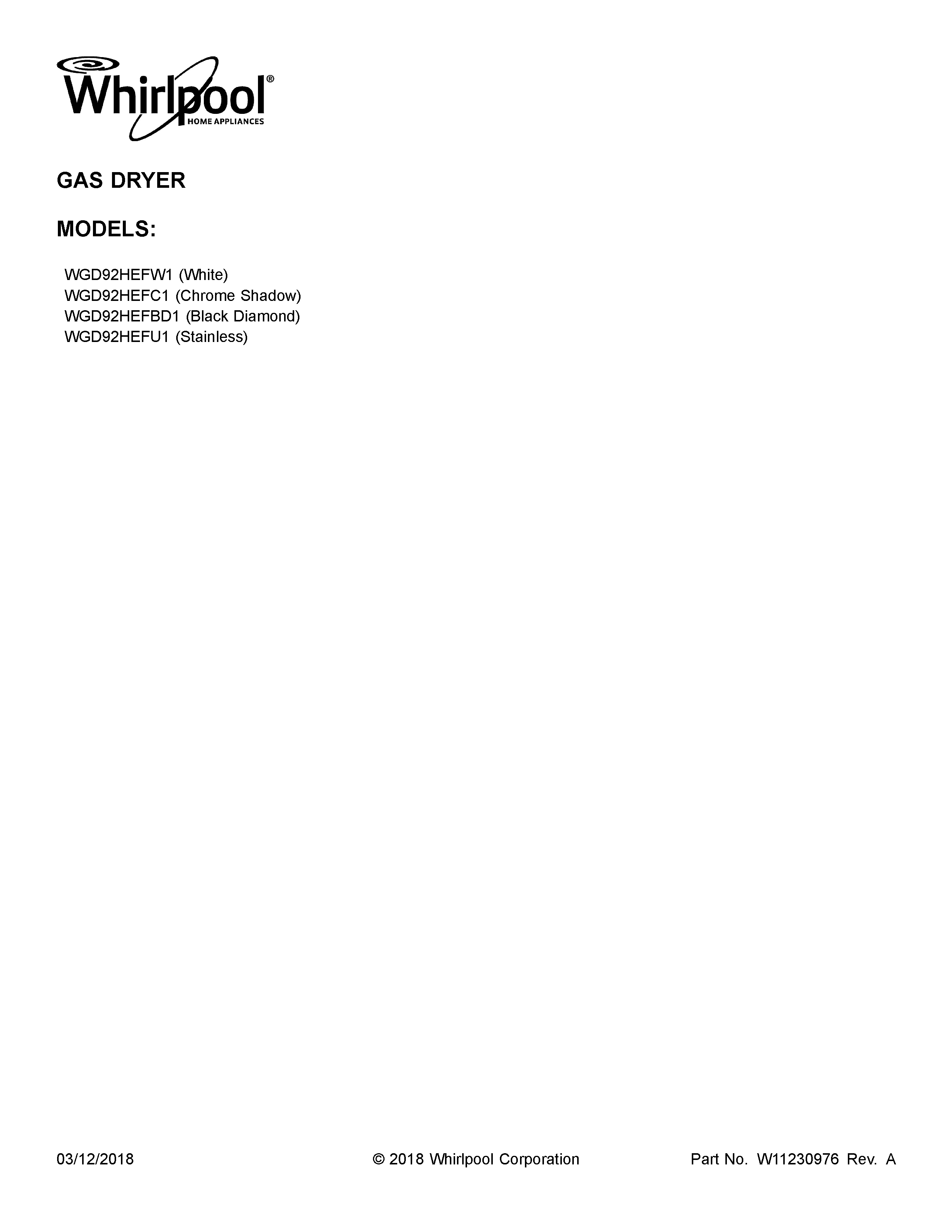 Whirlpool WGD92HEFW1 cover sheet diagram