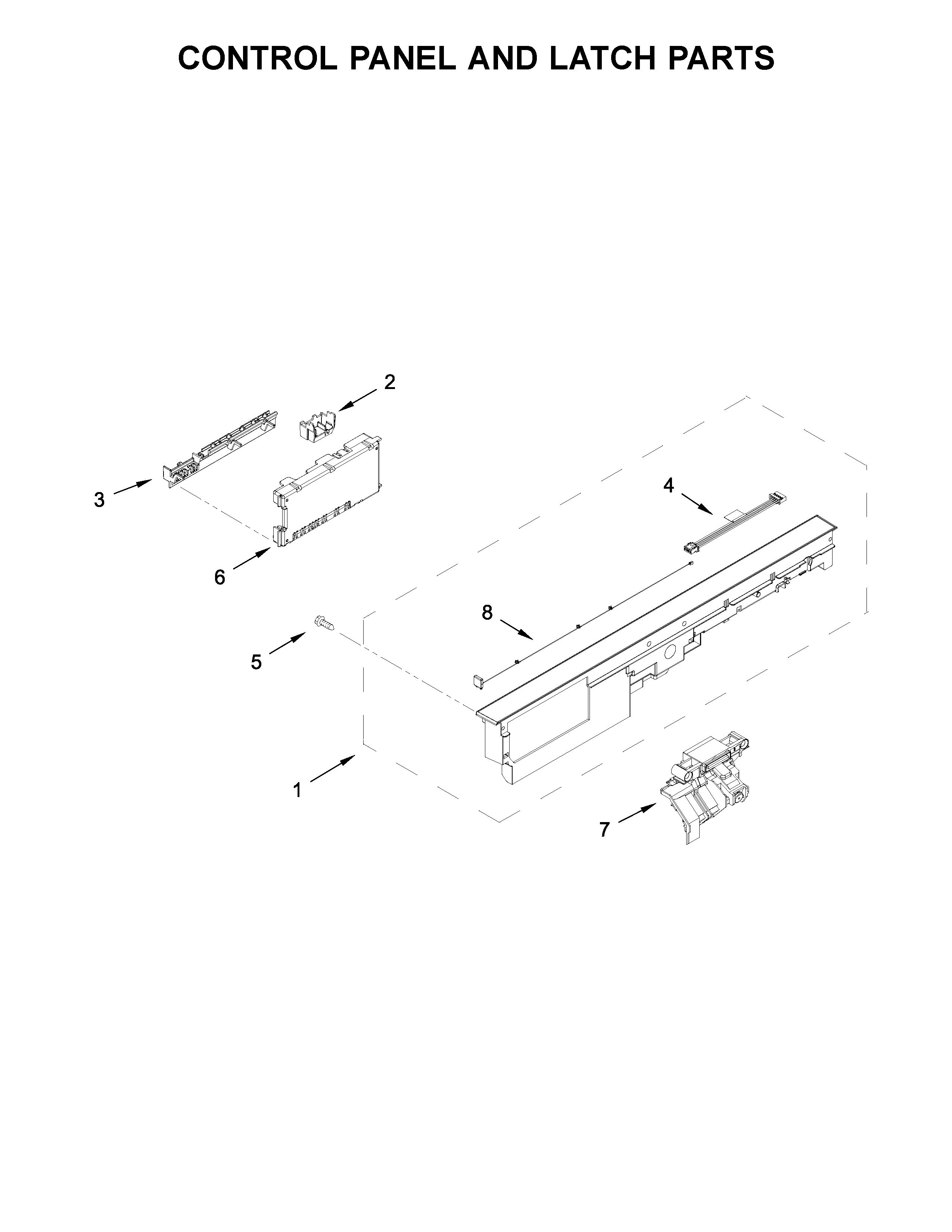 Whirlpool WDTA75SAHZ0 control panel and latch parts diagram