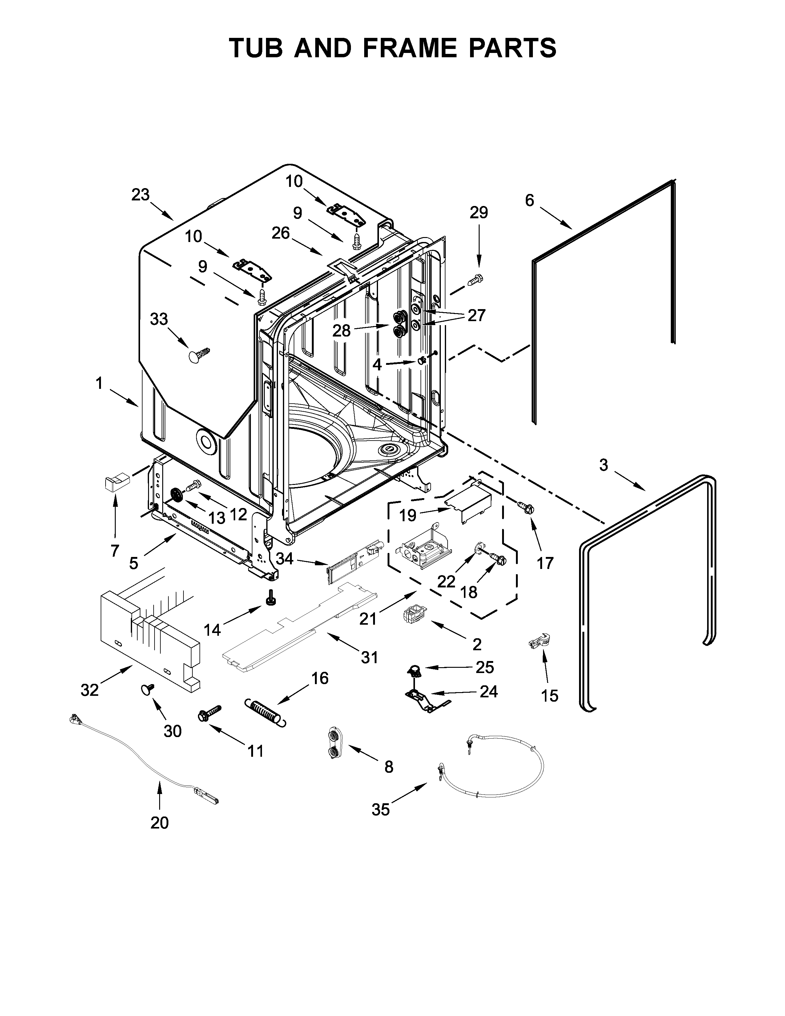 Whirlpool WDTA75SAHZ0 tub and frame parts diagram