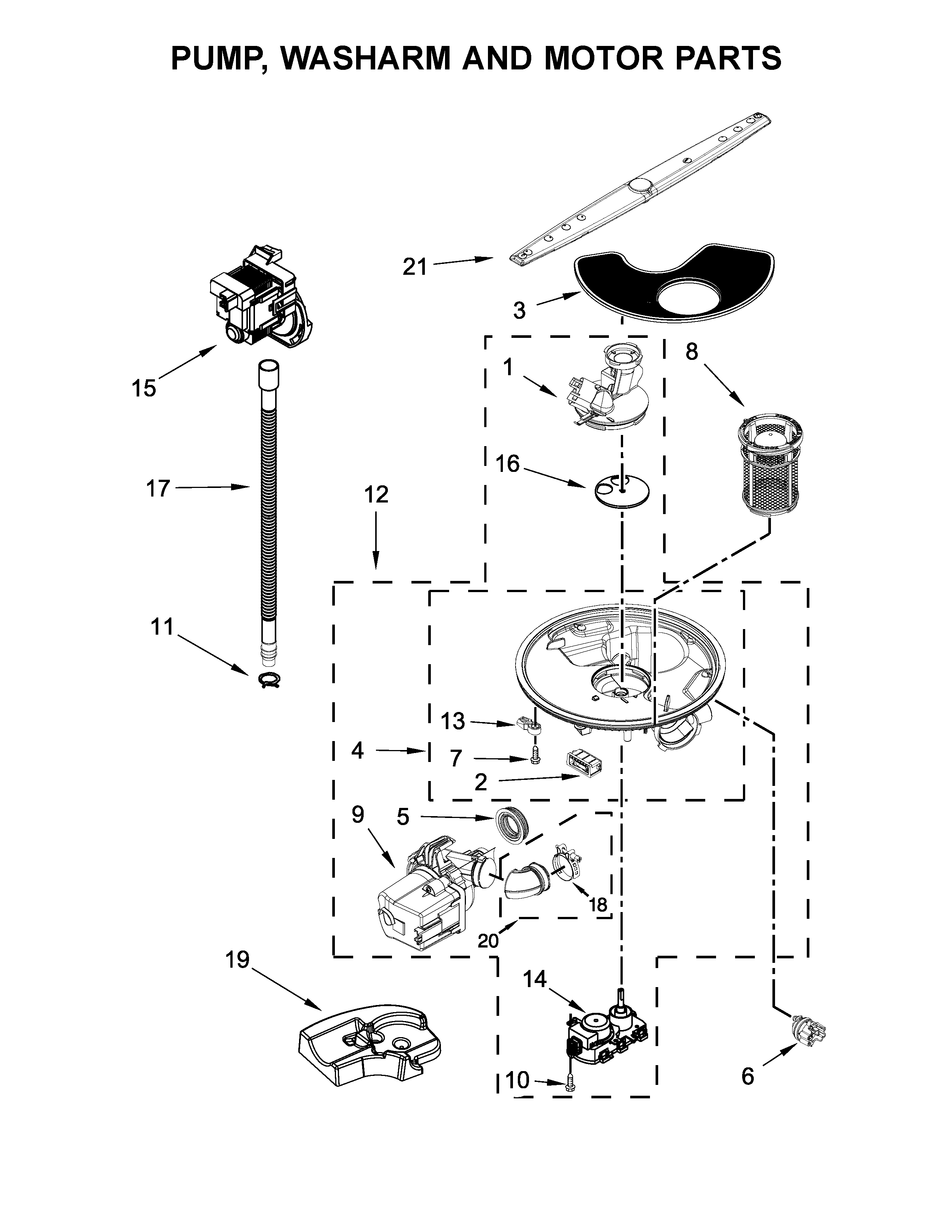 Whirlpool WDTA75SAHZ0 pump, washarm and motor parts diagram
