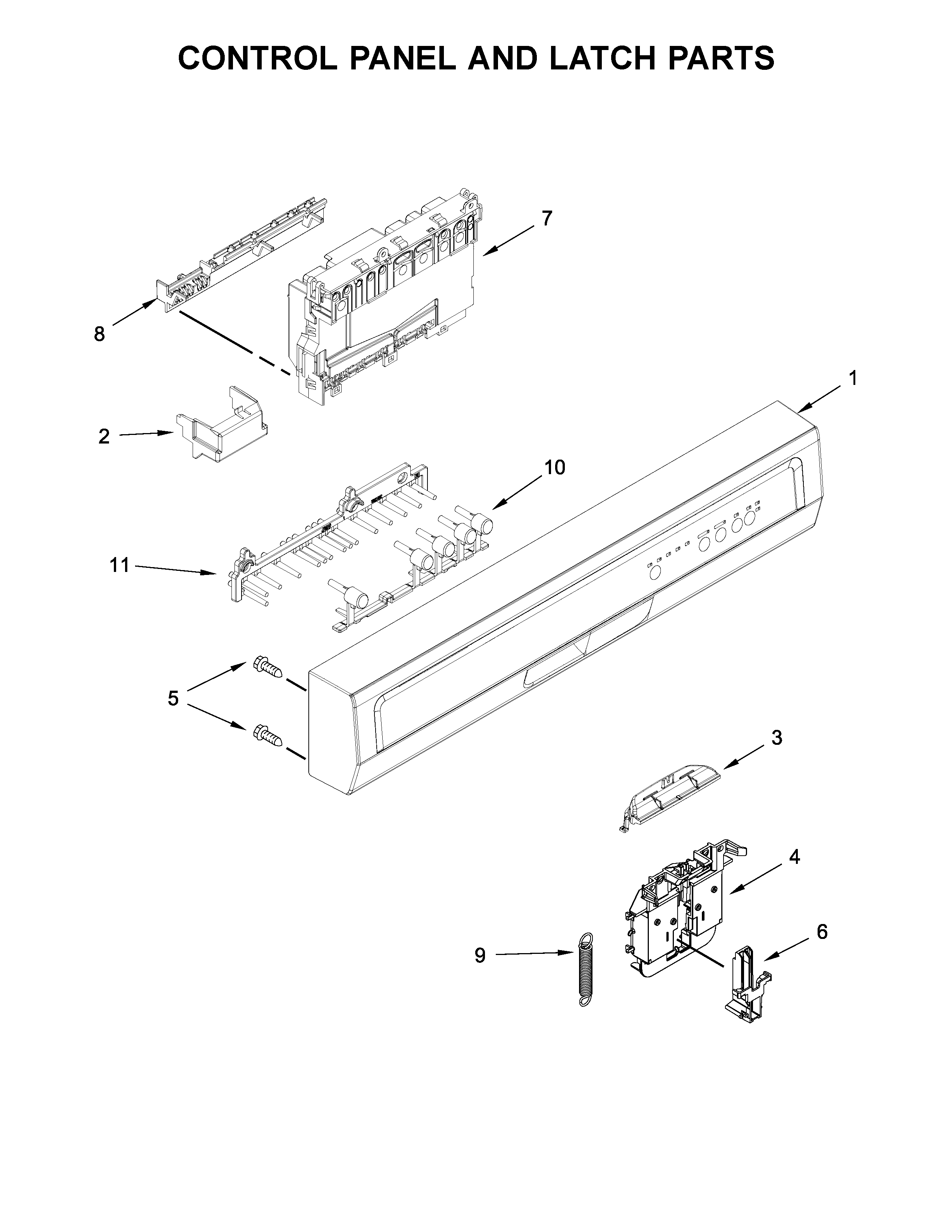 Whirlpool WDF330PAHD2 control panel and latch parts diagram