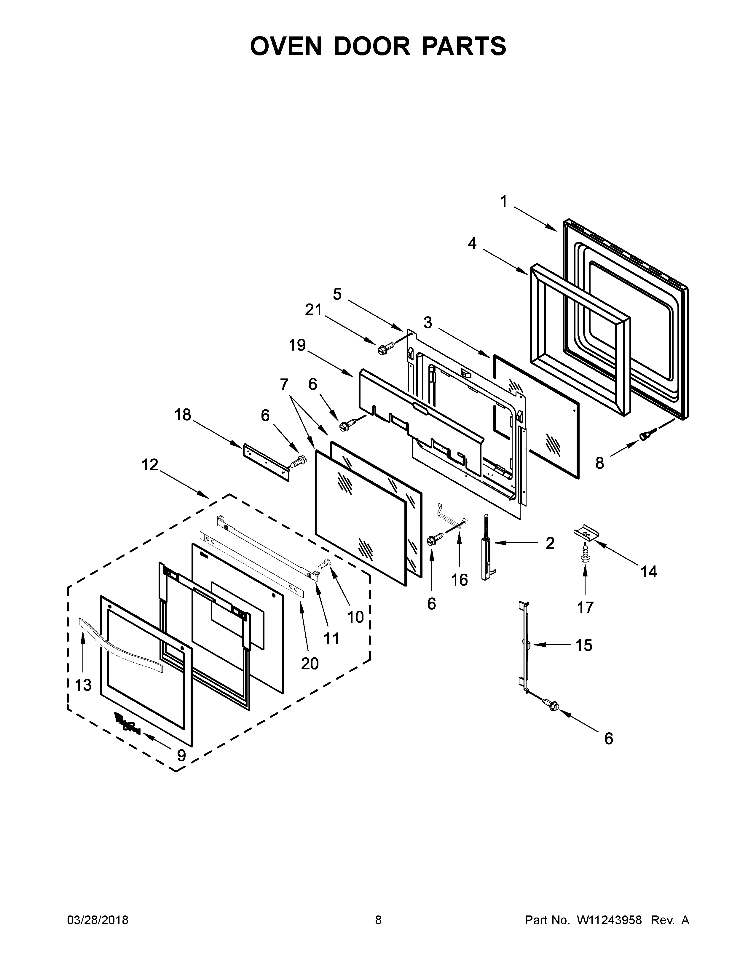 Whirlpool WOD51ES4ES01 oven door parts diagram