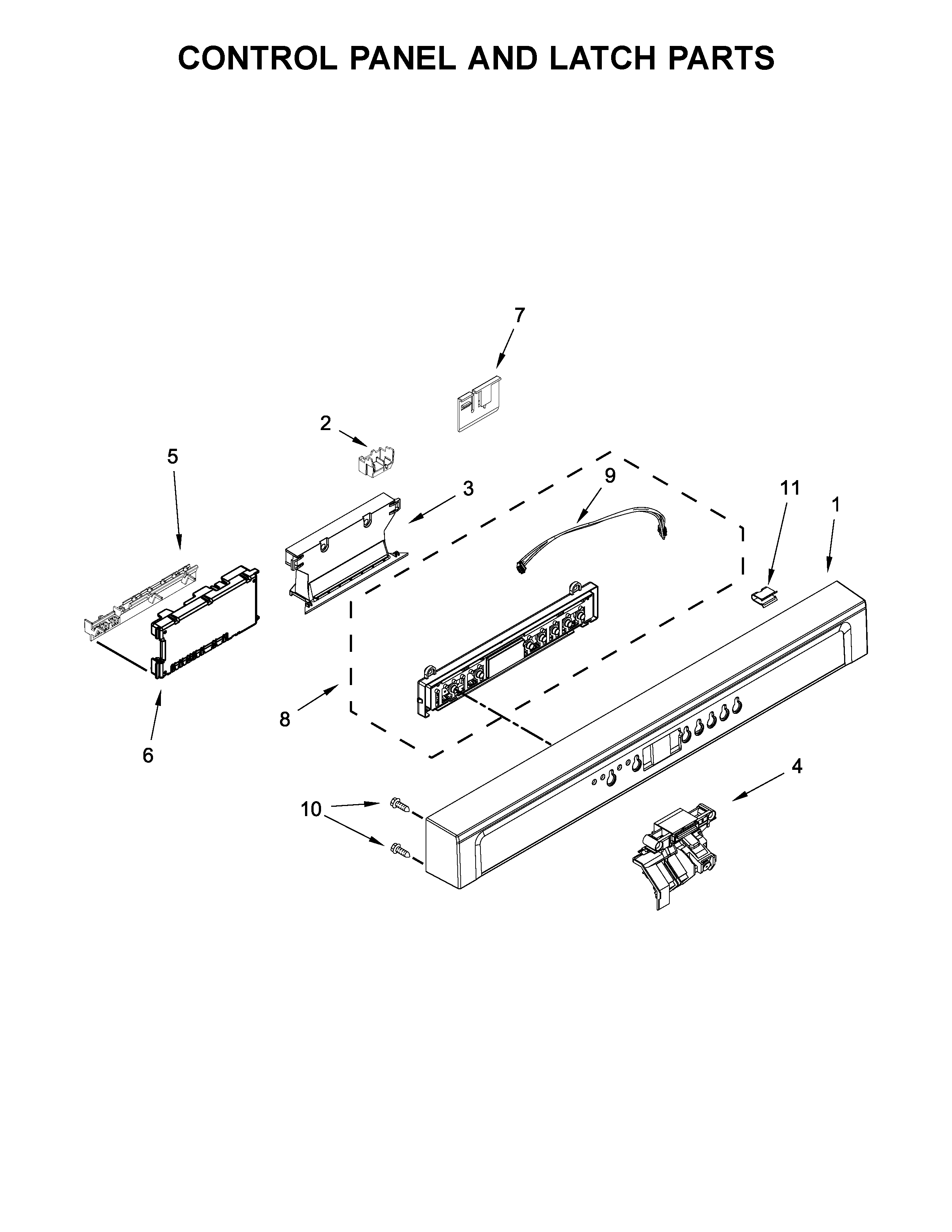 Whirlpool WDF770SAFZ1 control panel and latch parts diagram
