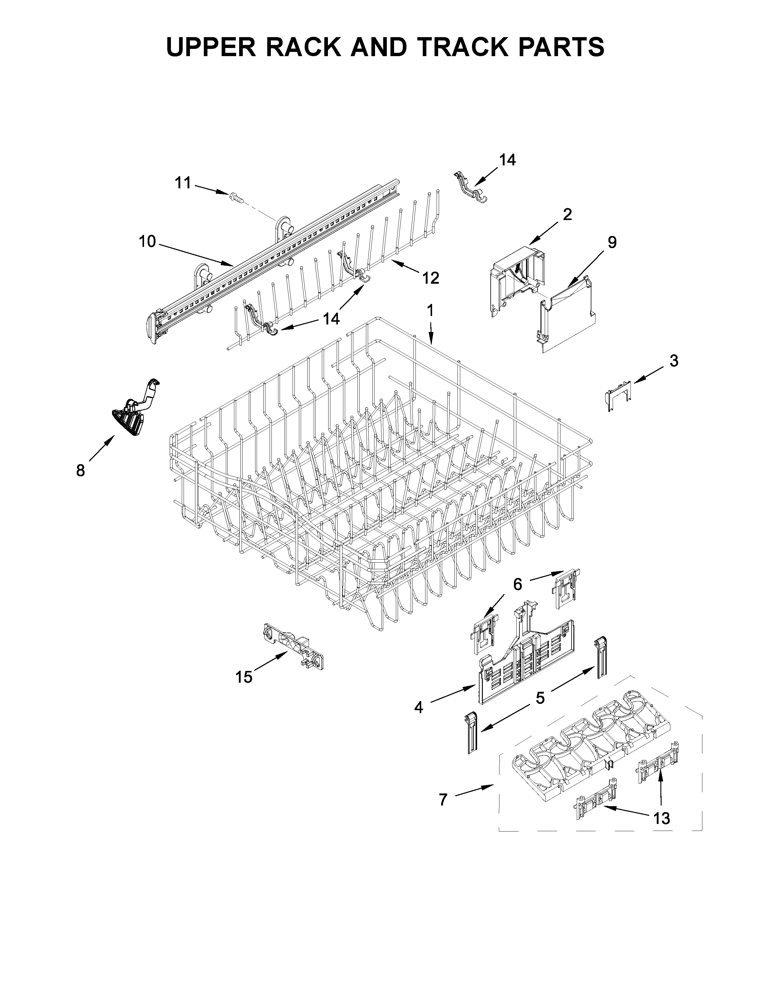 Whirlpool WDF770SAFZ1 upper rack and track parts diagram