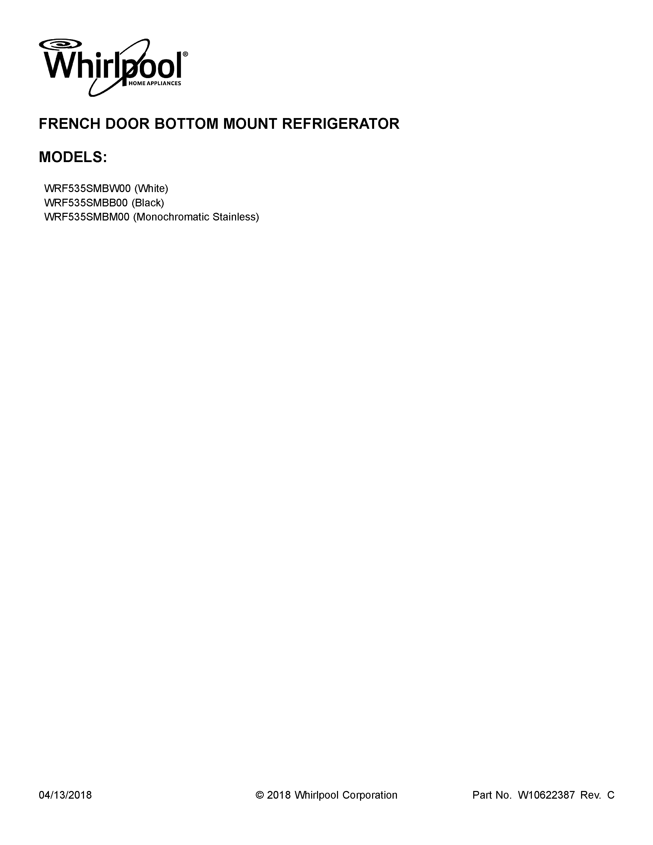 Whirlpool WRF535SMBM00 cover sheet diagram
