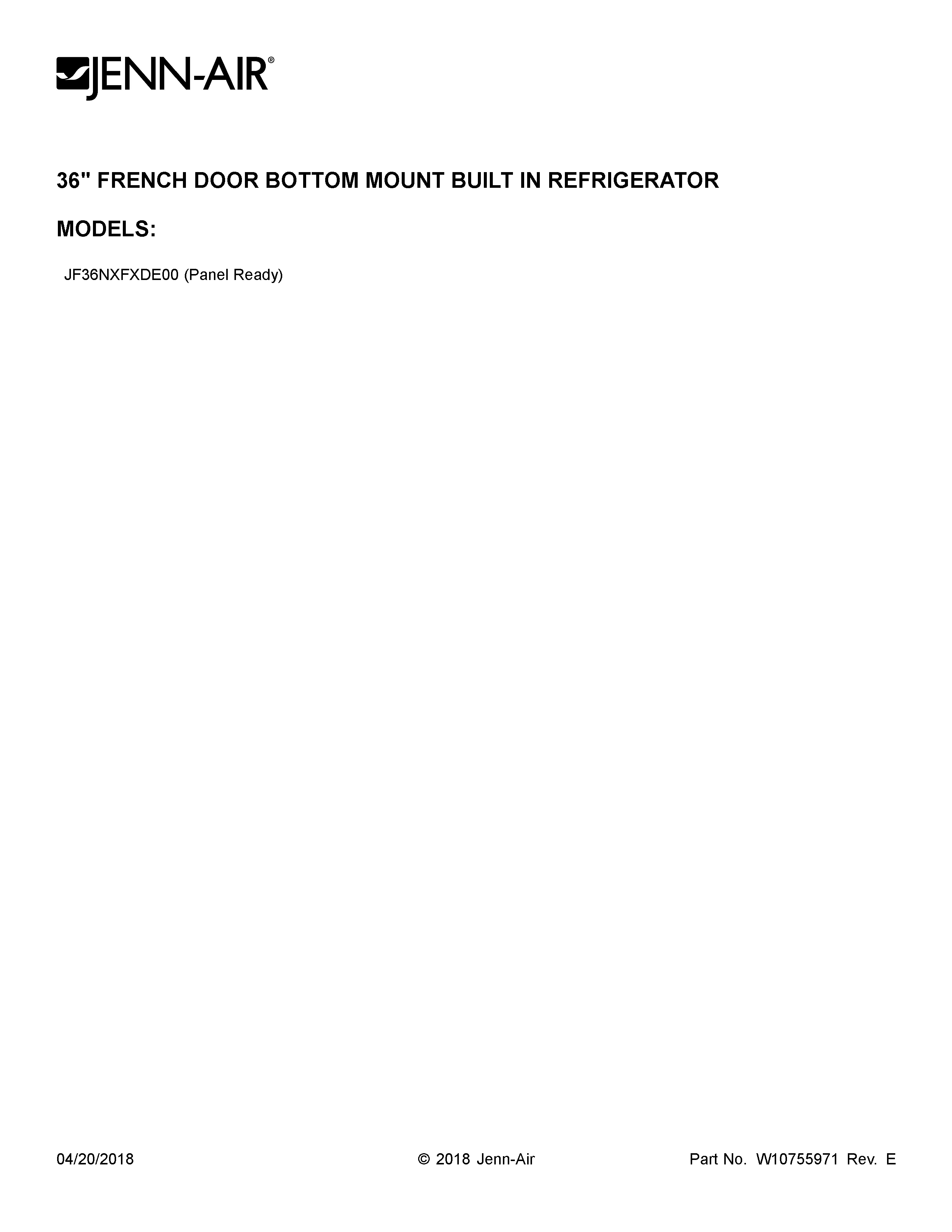Jenn-Air JF36NXFXDE00 cover sheet diagram