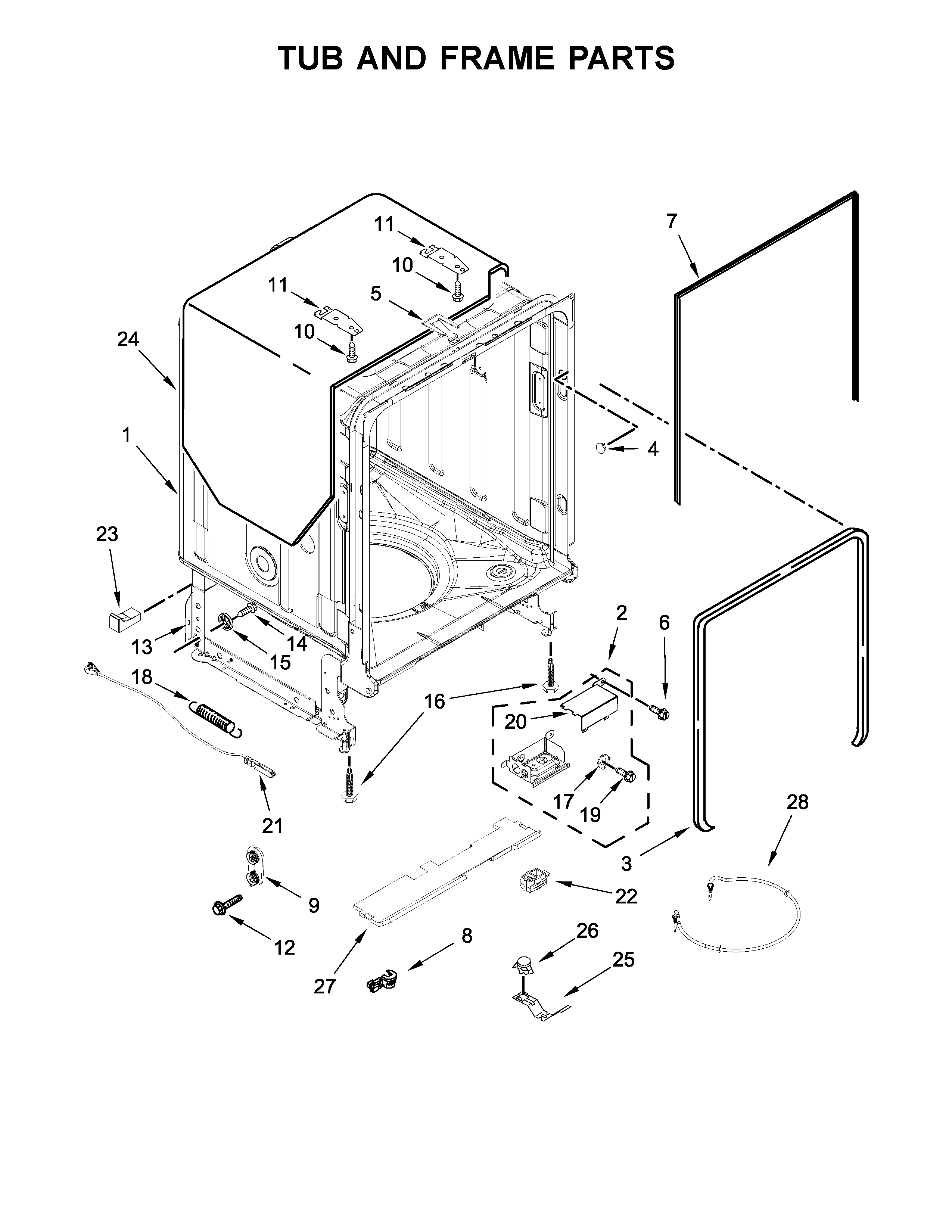 KitchenAid KDPE234GPS0 tub and frame parts diagram