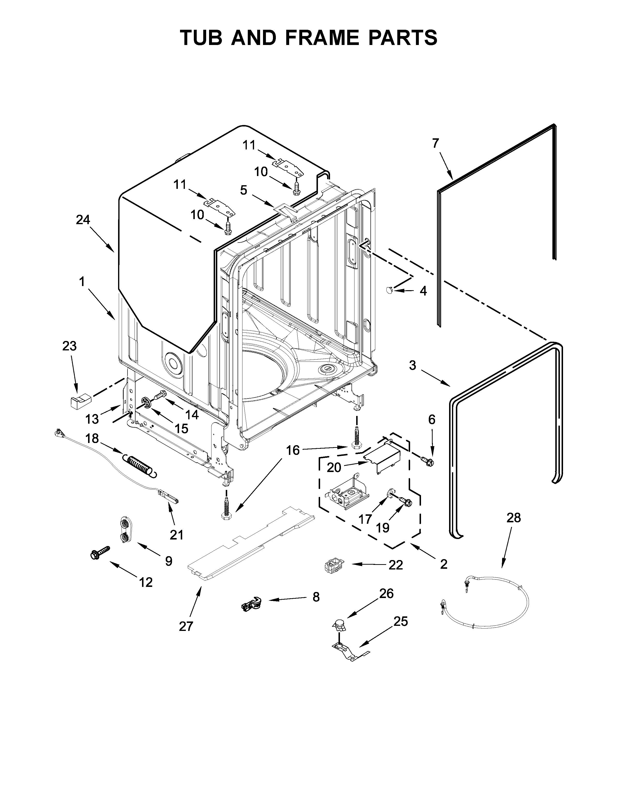 KitchenAid KDPE204GPS0 tub and frame parts diagram