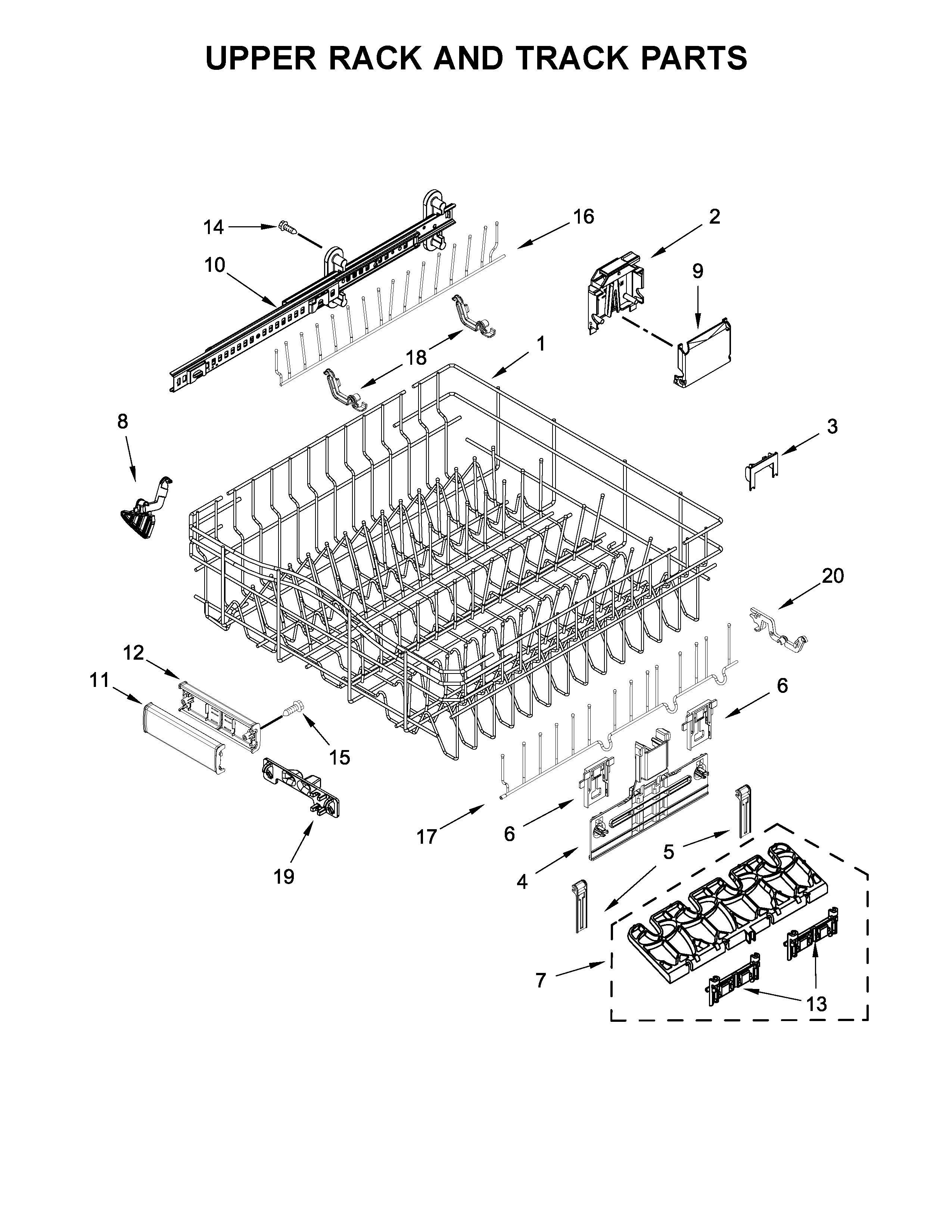 KitchenAid KDPE204GPS0 upper rack and track parts diagram