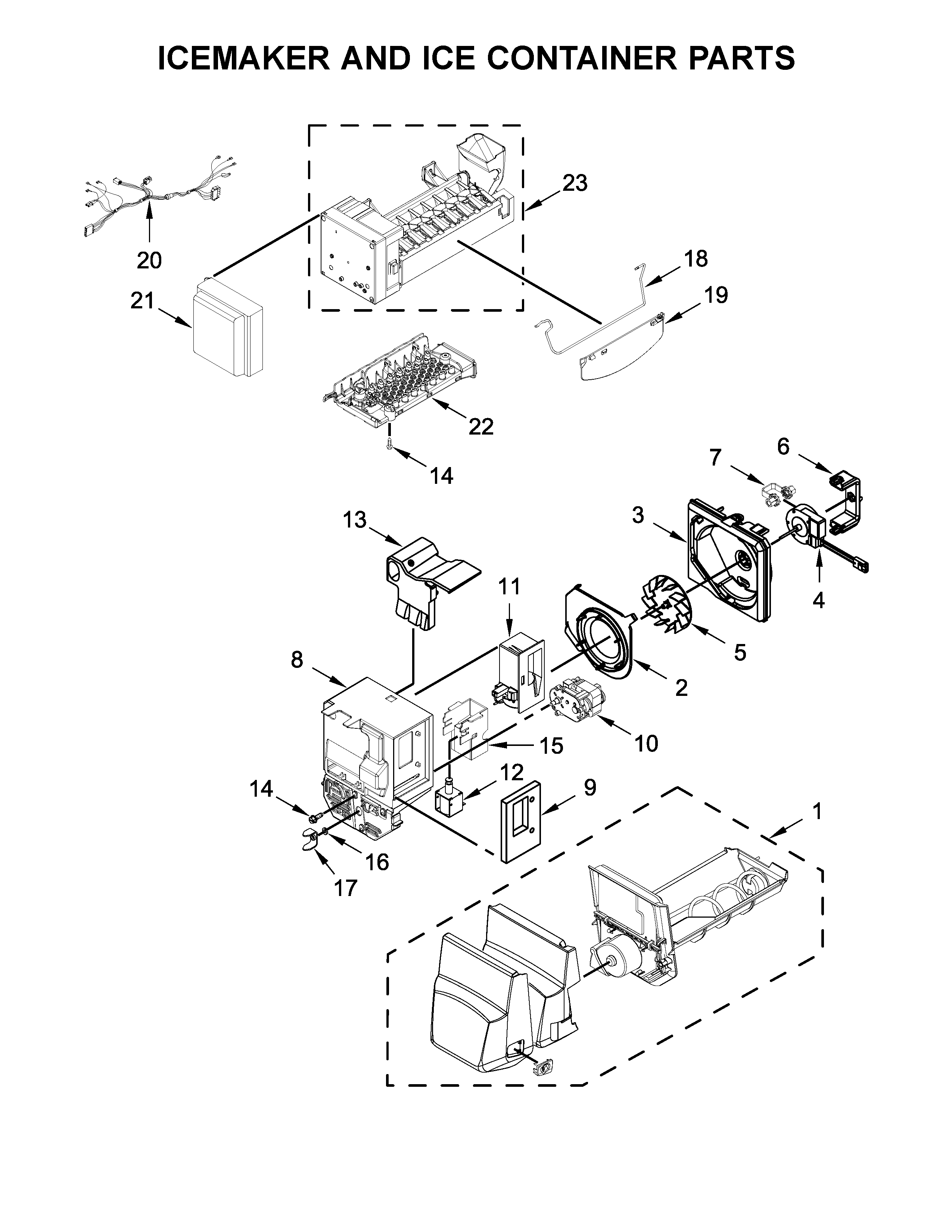 Whirlpool WRF555SDFZ07 icemaker and ice container parts diagram