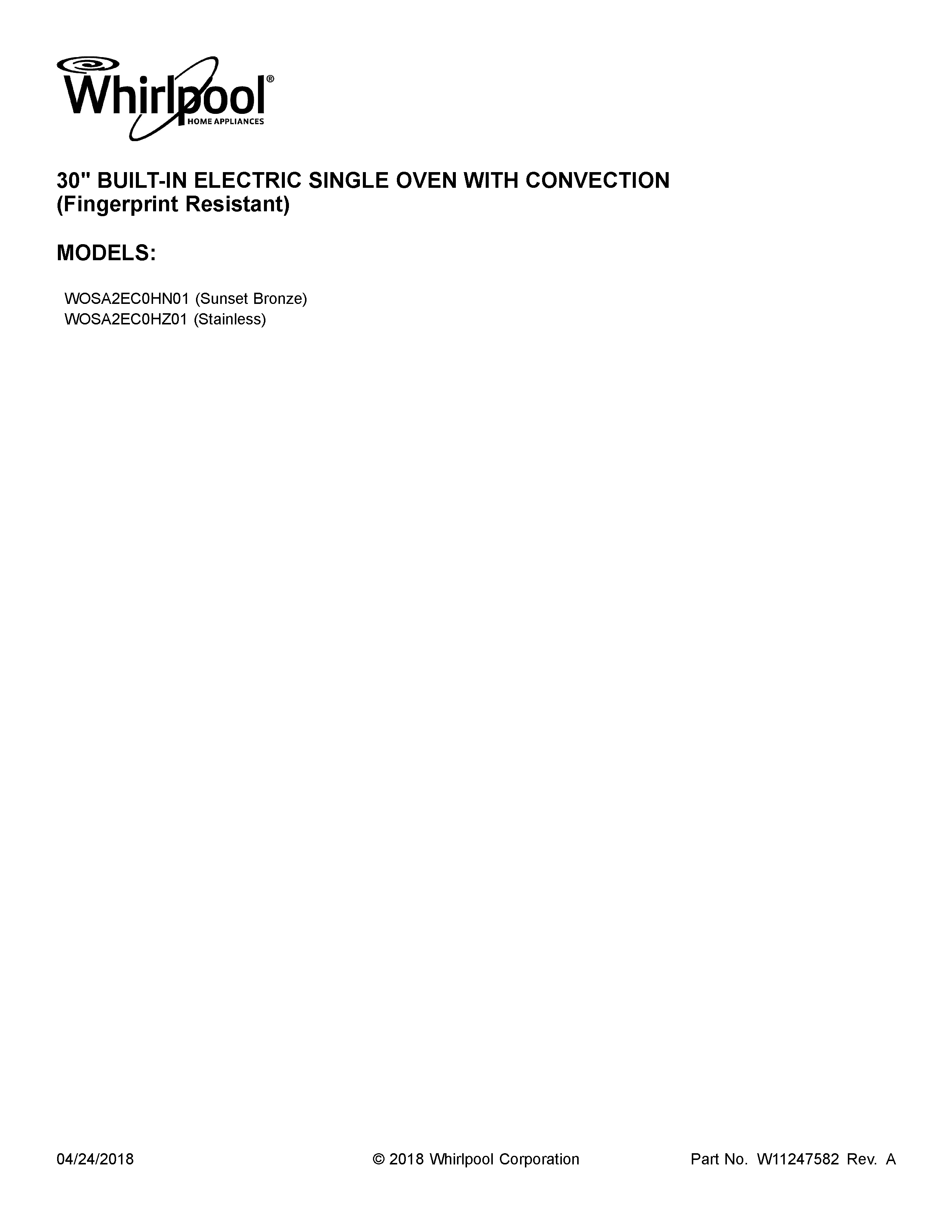 Whirlpool WOSA2EC0HZ01 cover sheet diagram
