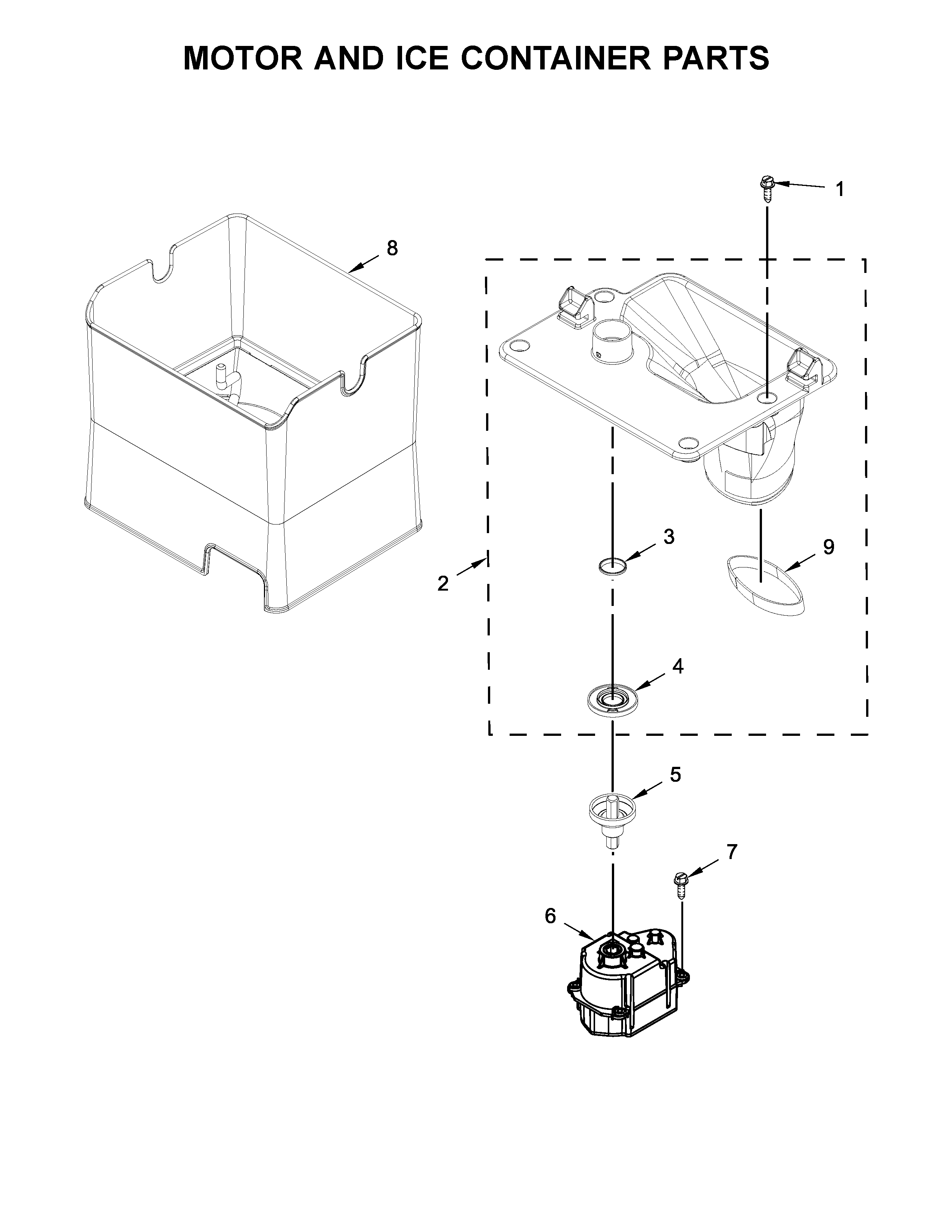 Whirlpool WRF767SDEM00 motor and ice container parts diagram