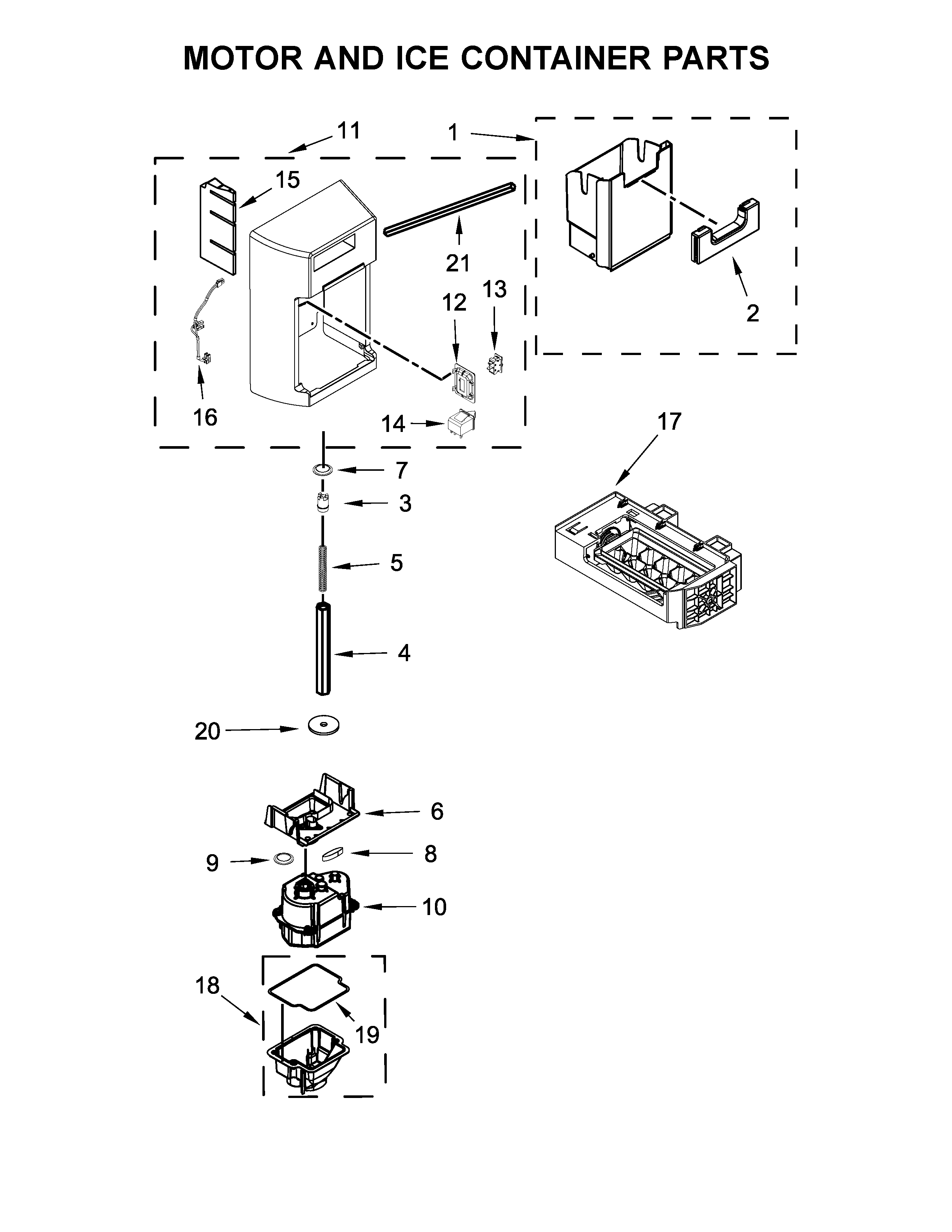 KitchenAid KRSF505EWH01 motor and ice container parts diagram