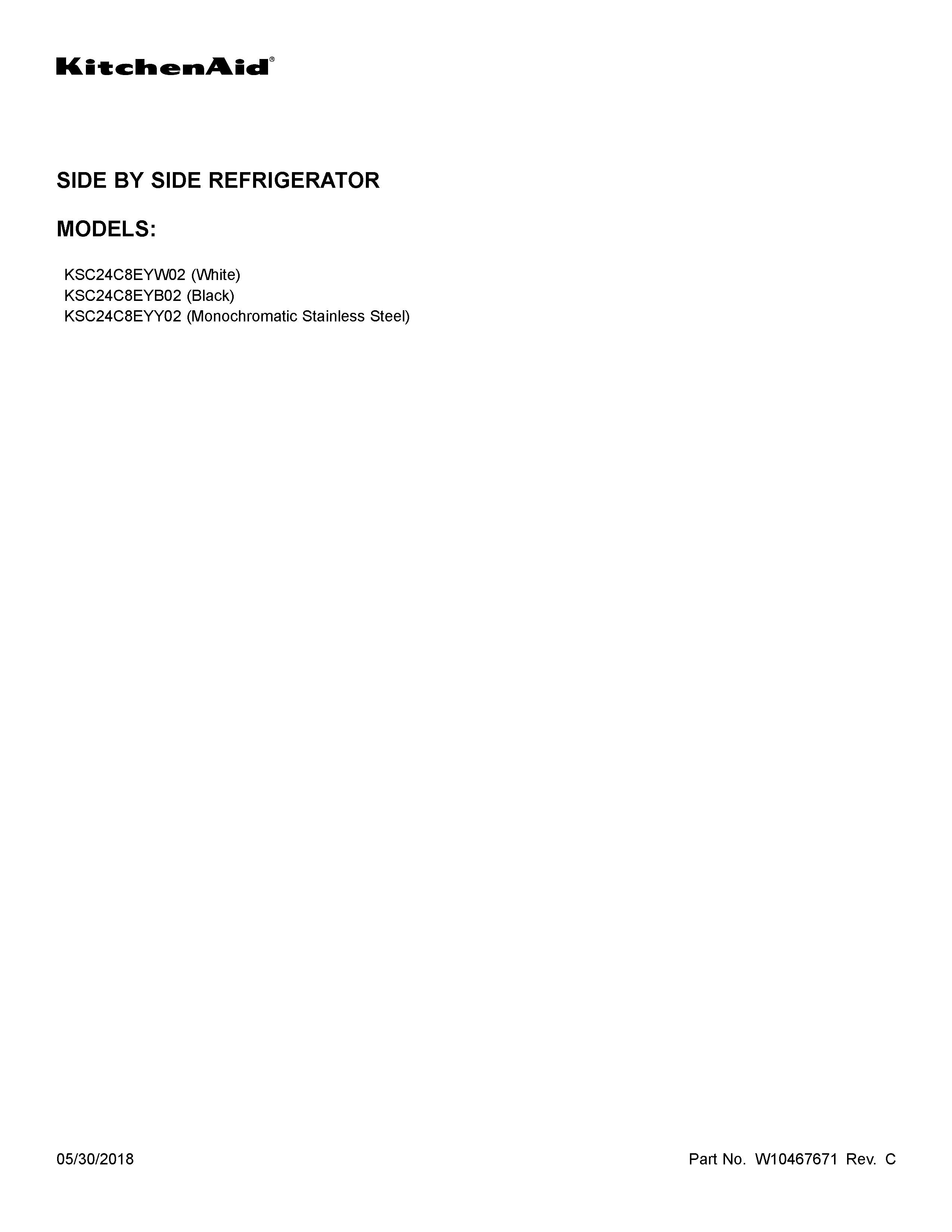 KitchenAid KSC24C8EYB02 cover sheet diagram