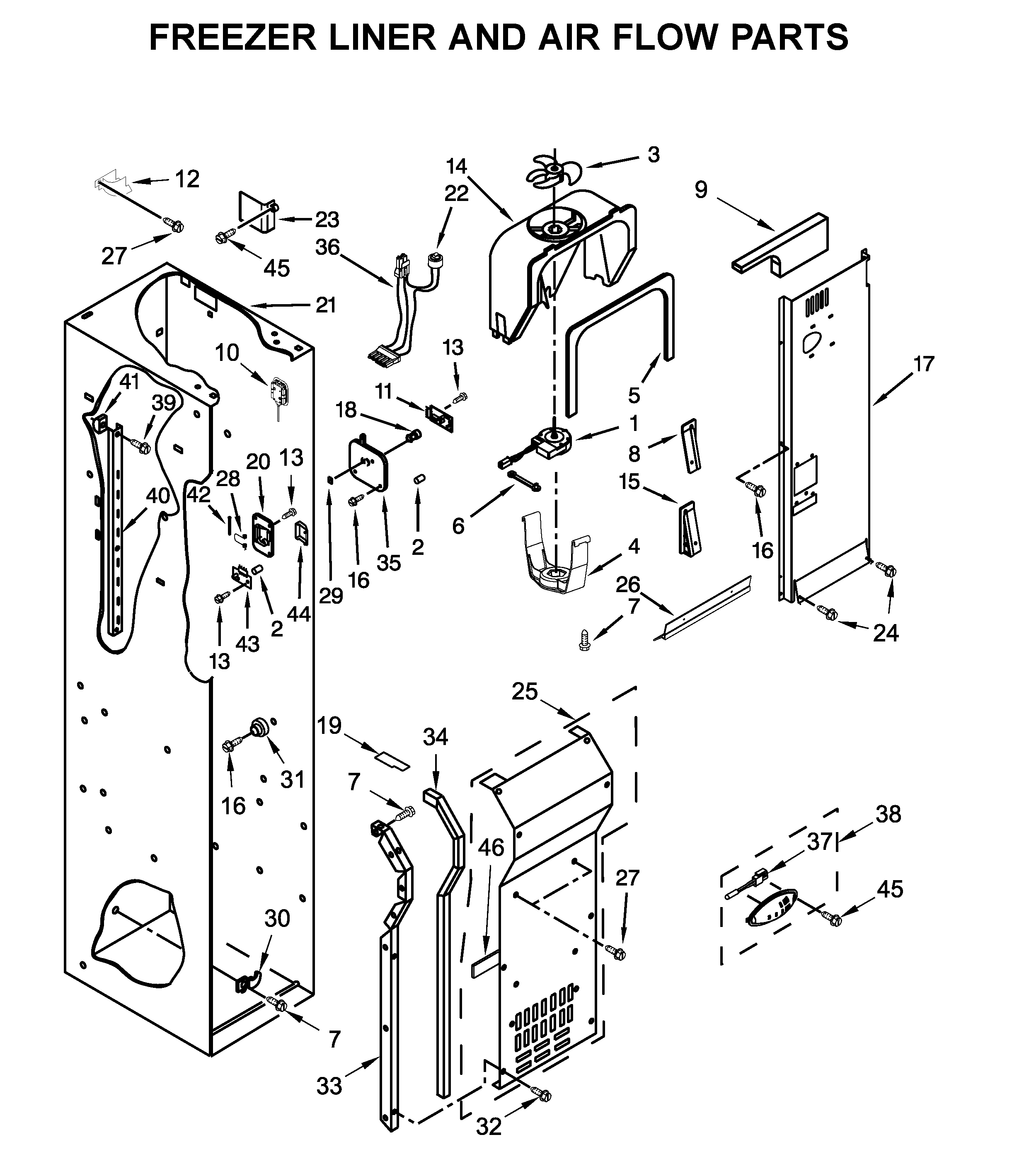 Jenn-Air JS42SSDUDE00 freezer liner and air flow parts diagram