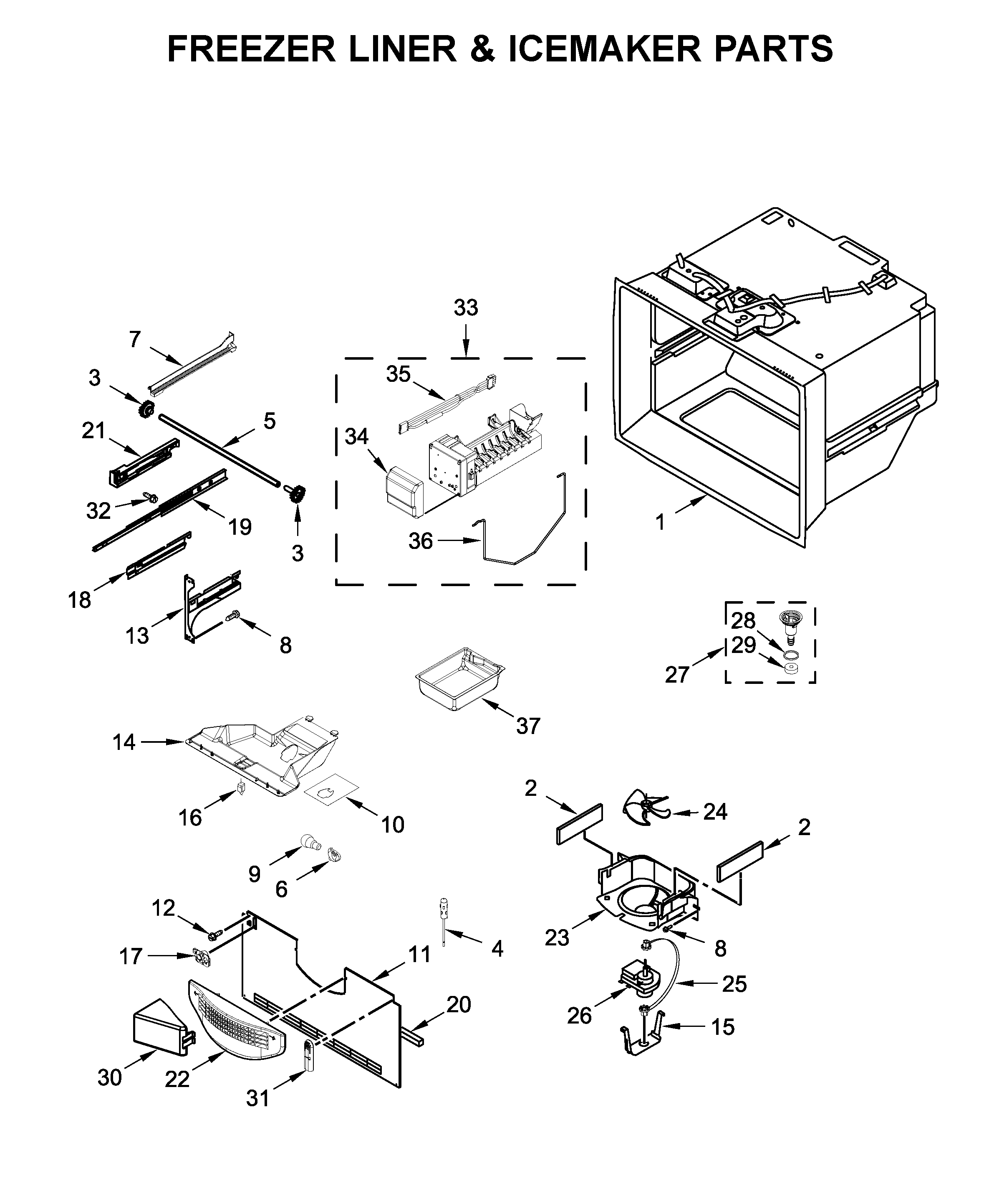 Maytag MBF1958FEZ02 freezer liner & icemaker parts diagram