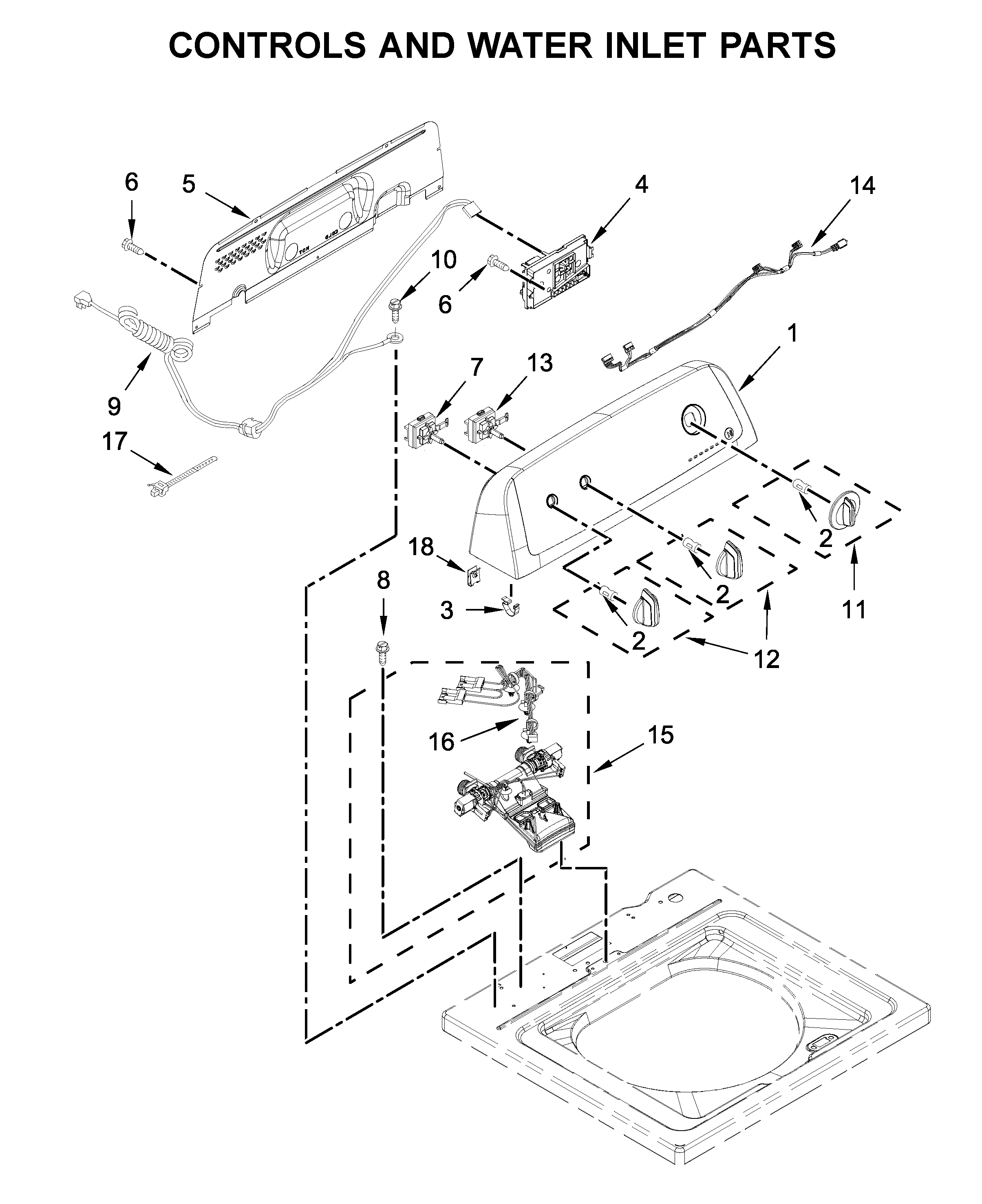 Amana NTW4516FW3 controls and water inlet parts diagram