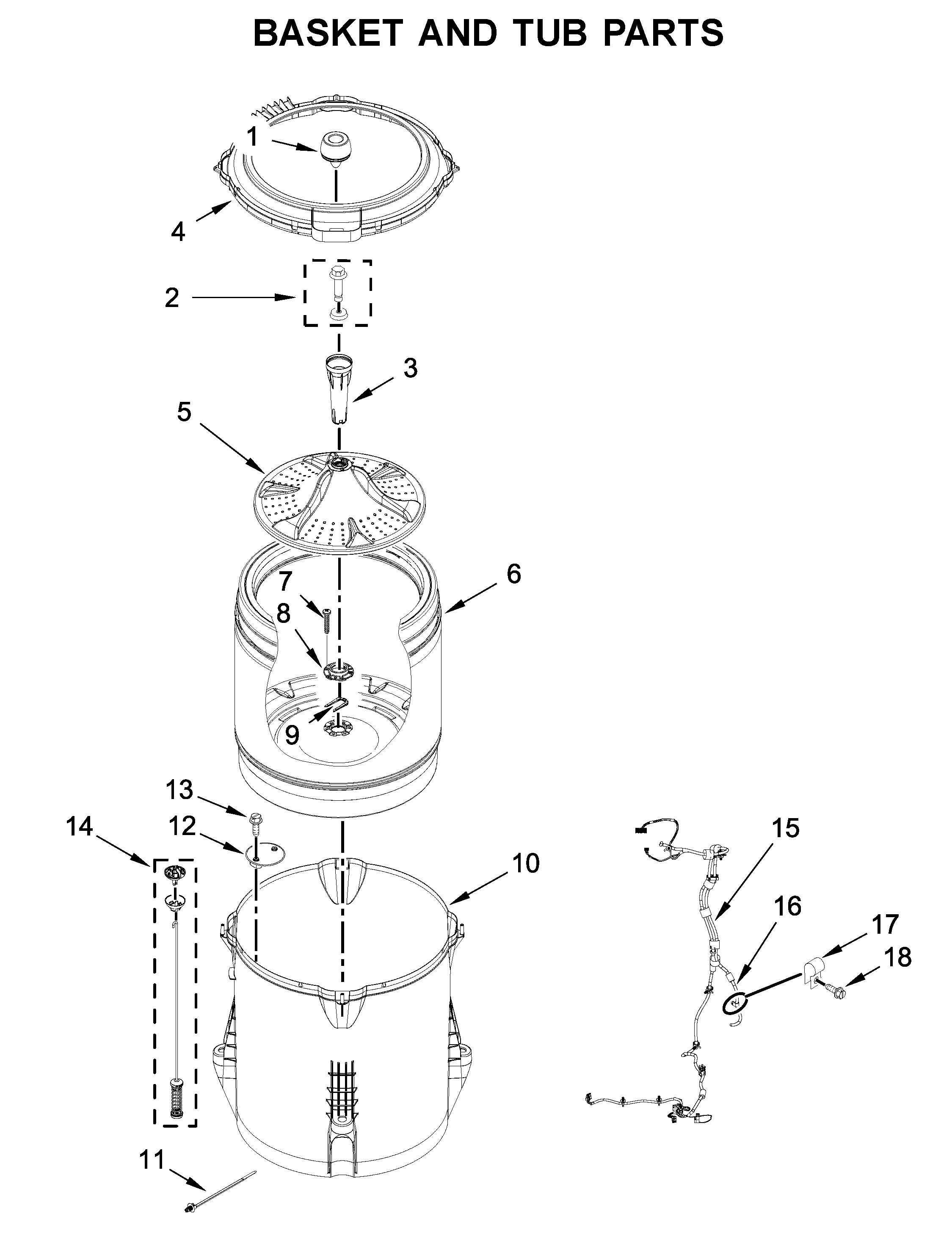 Whirlpool WTW4855HW1 basket and tub parts diagram