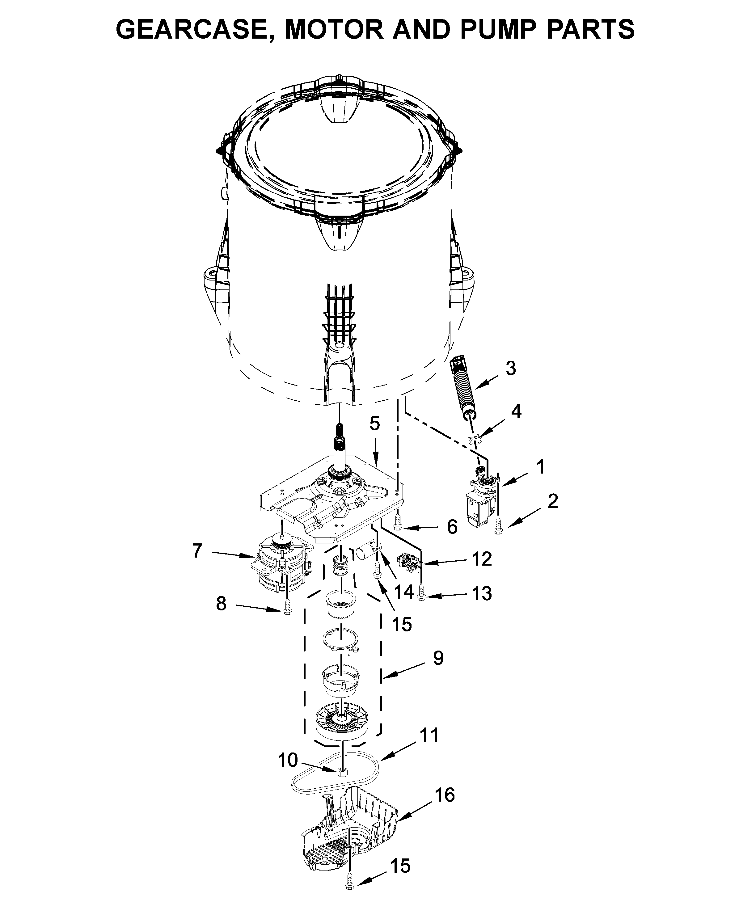 Whirlpool WTW4855HW1 gearcase, motor and pump parts diagram