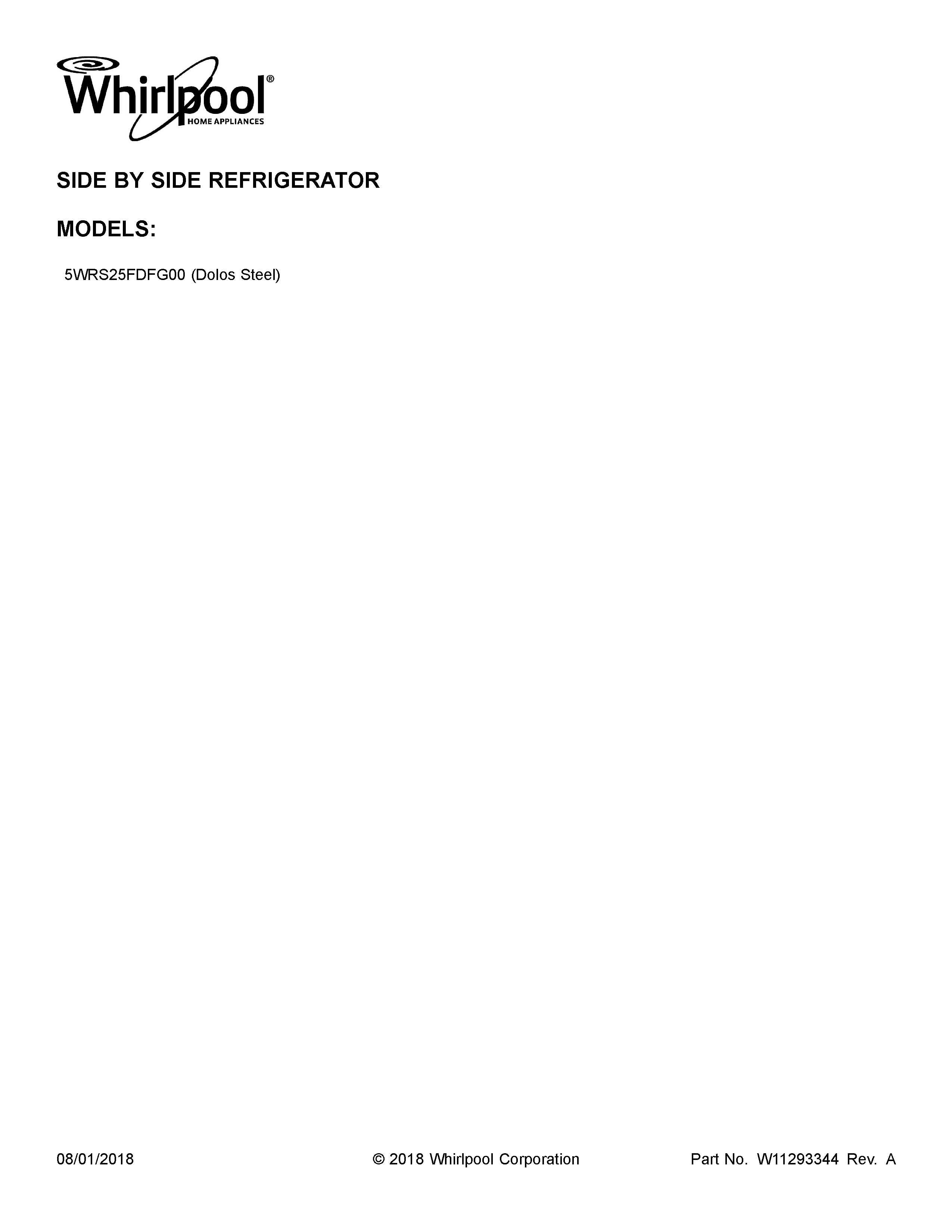 Whirlpool 5WRS25FDFG00 cover sheet diagram