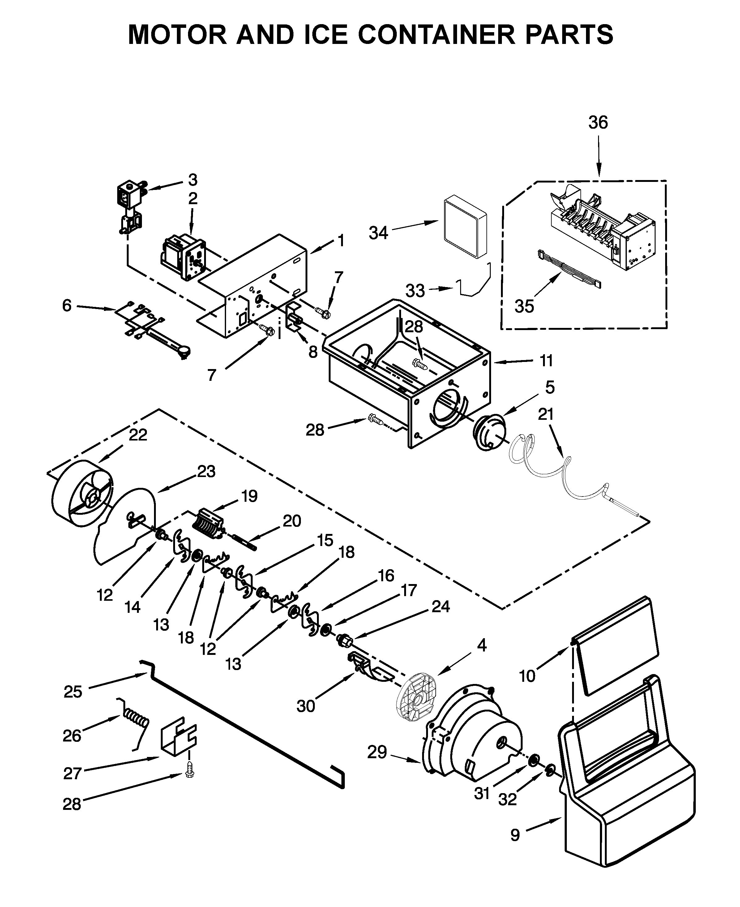 Whirlpool 5WRS25FDFG00 motor and ice container parts diagram