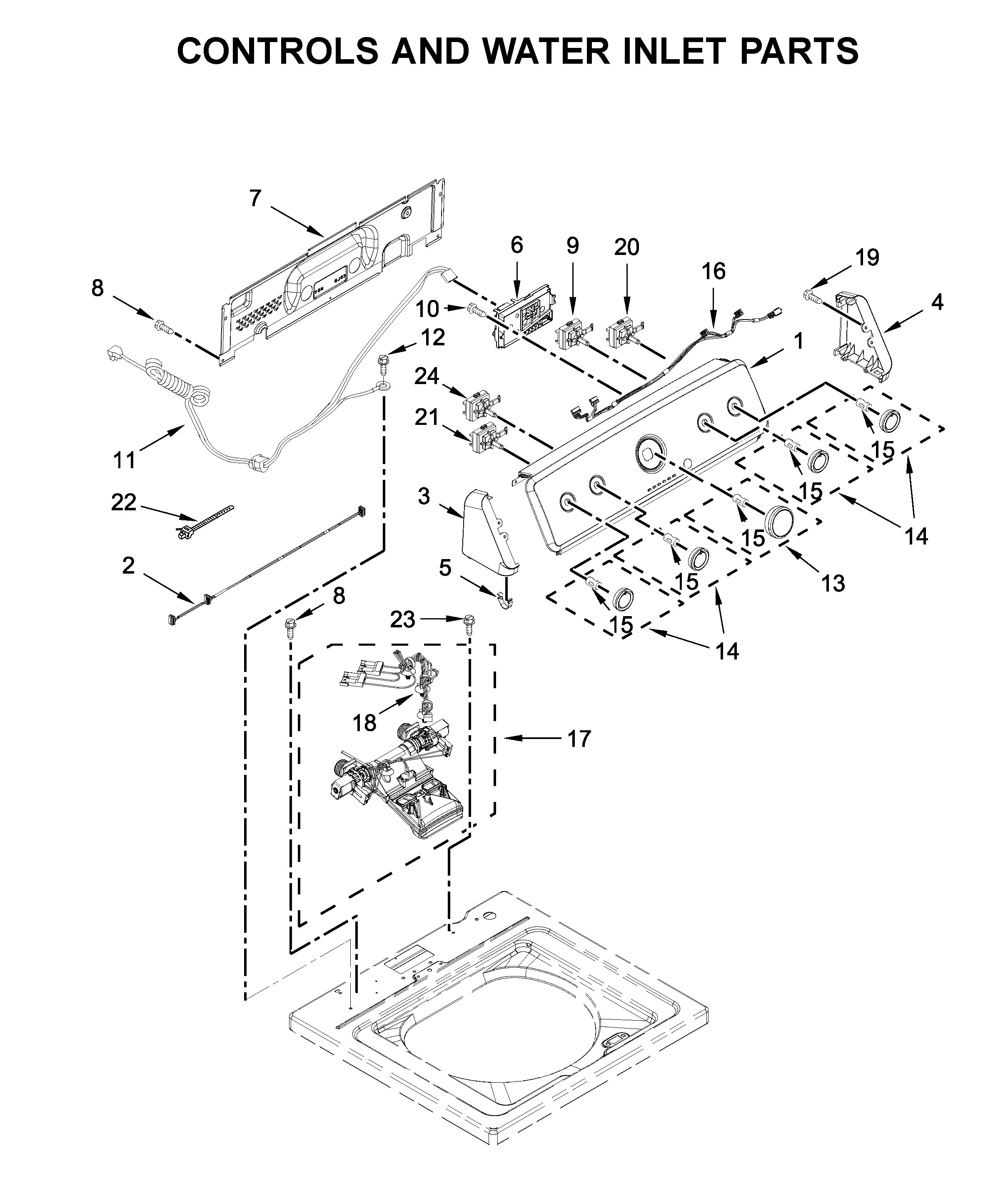 Maytag MVWC465HW2 controls and water inlet parts diagram