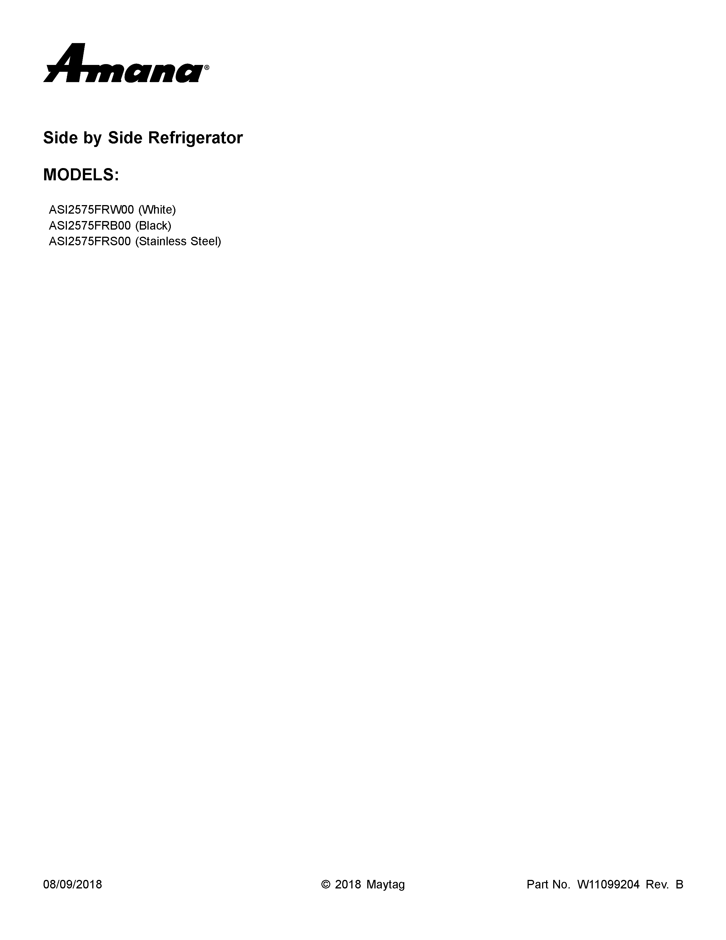 Amana ASI2575FRB00 cover sheet diagram