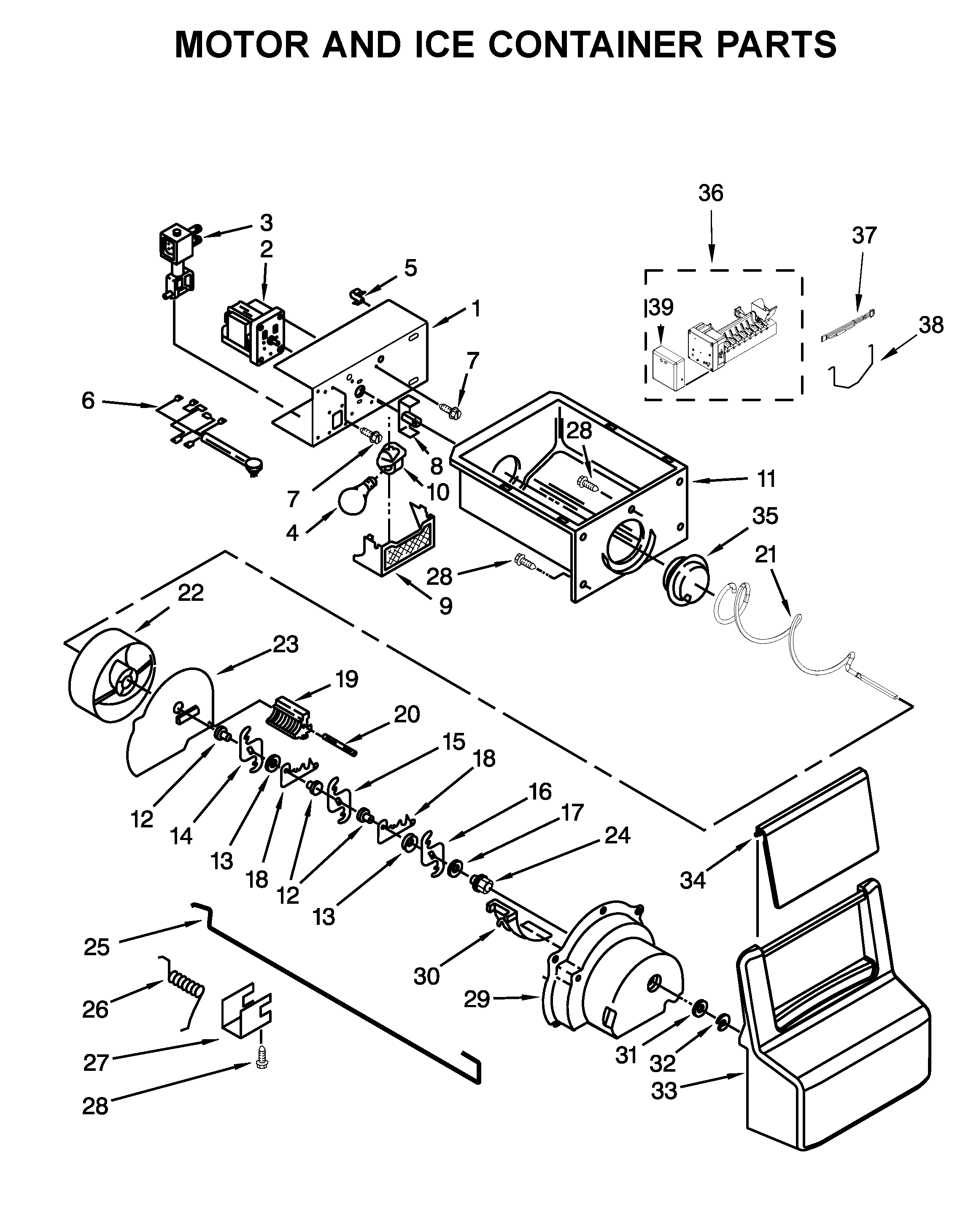 Amana ASI2575FRB00 motor and ice container parts diagram