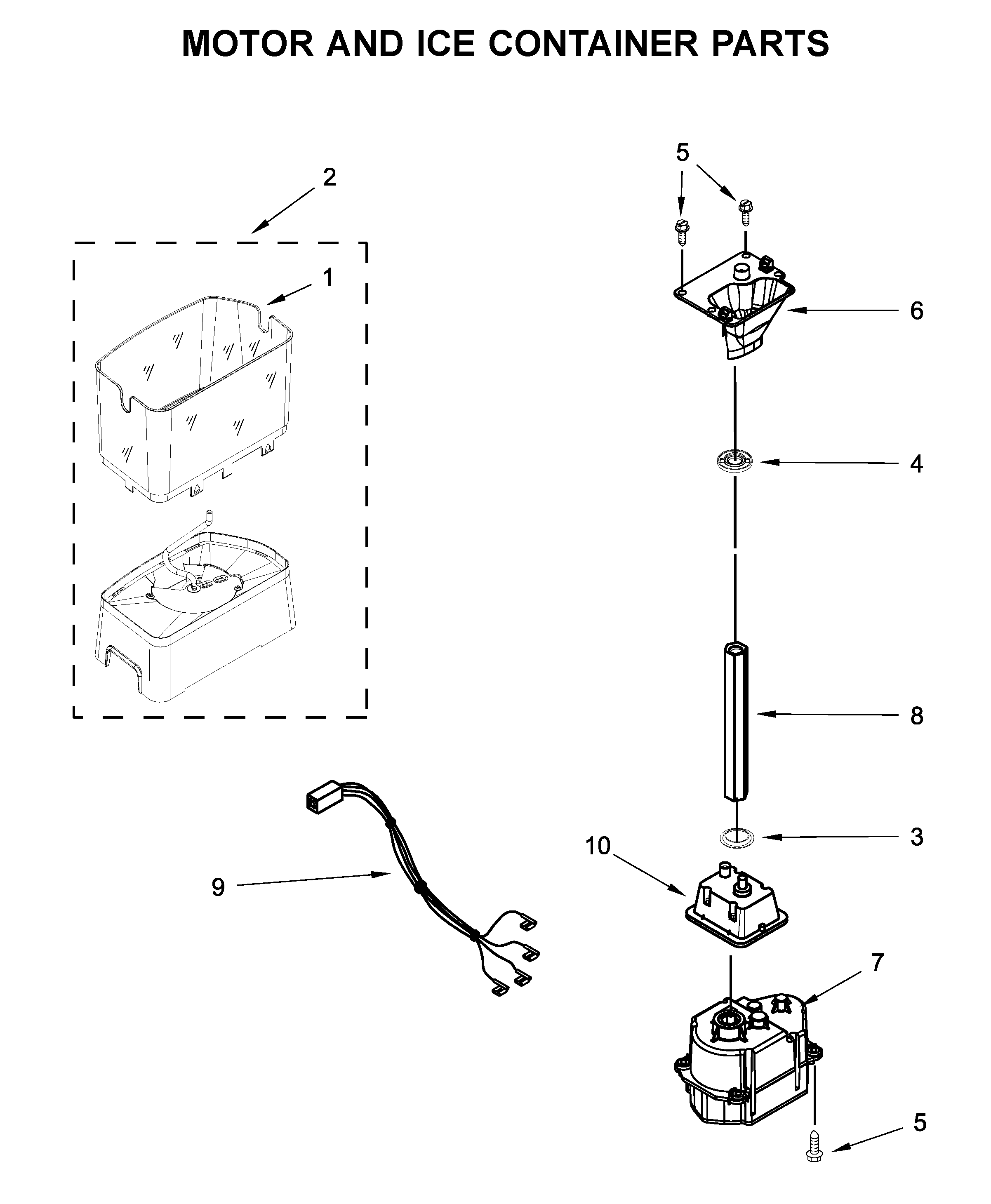 Whirlpool WRS342FIAM00 motor and ice container parts diagram
