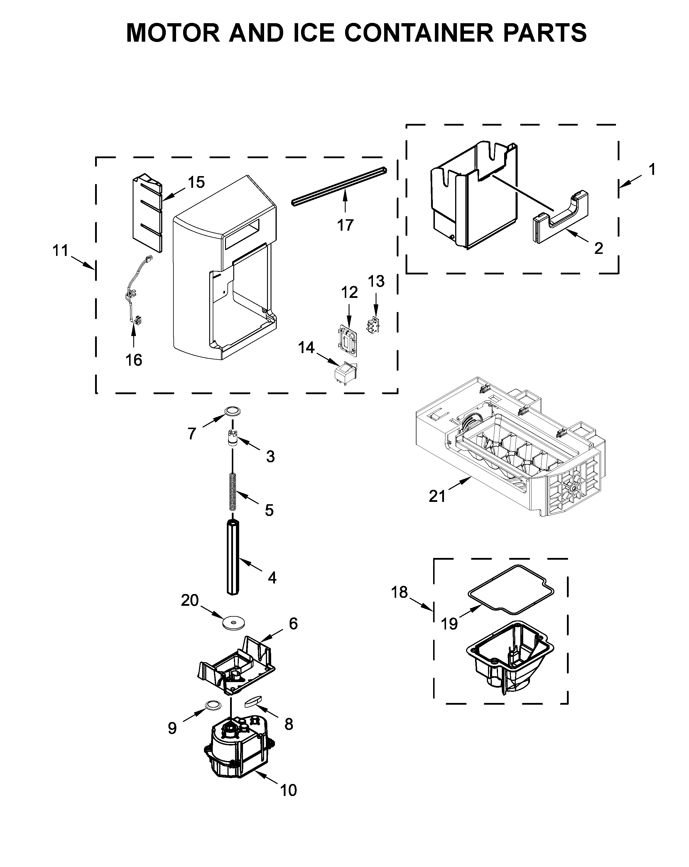 Whirlpool WRSA88FIHN00 motor and ice container parts diagram