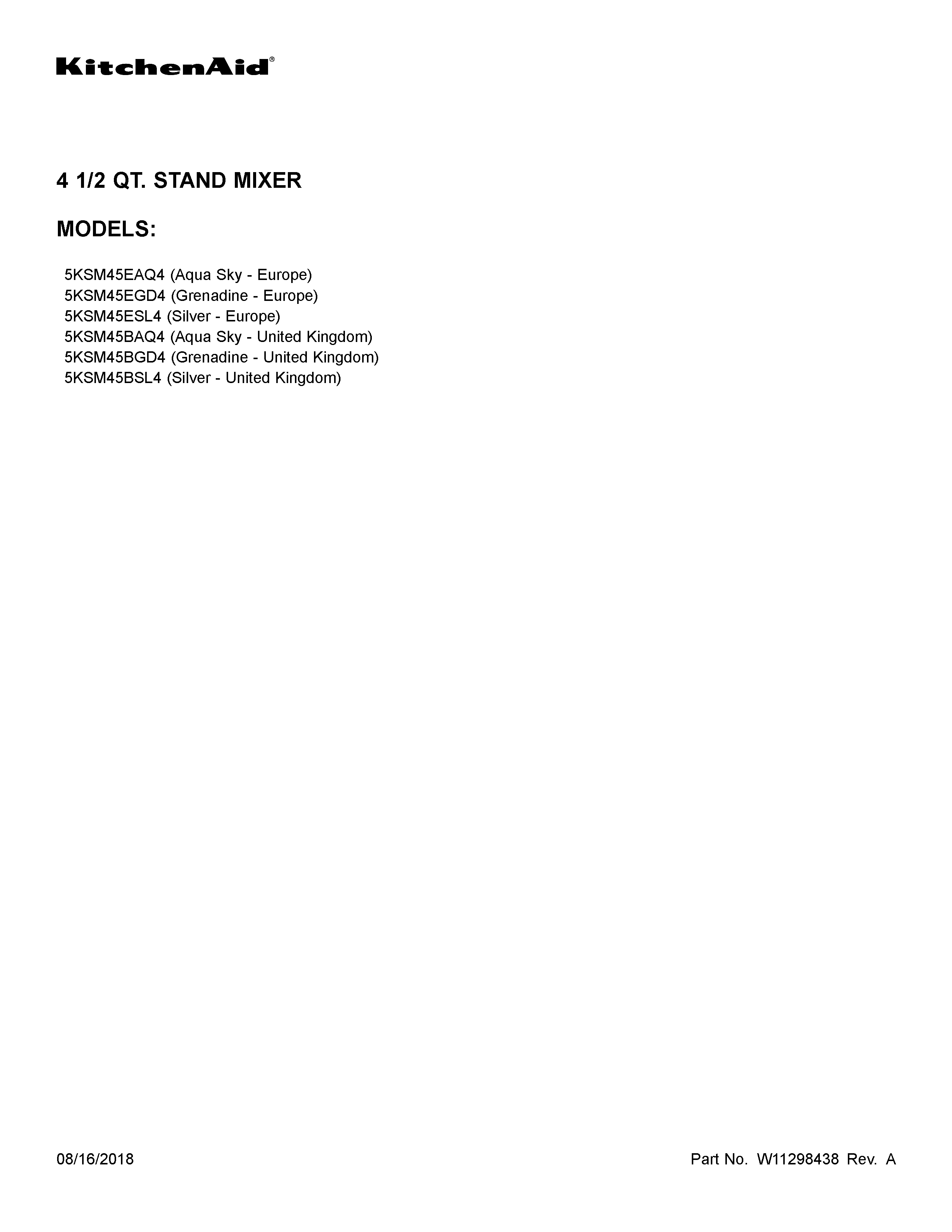 KitchenAid 5KSM45BSL4 cover sheet diagram