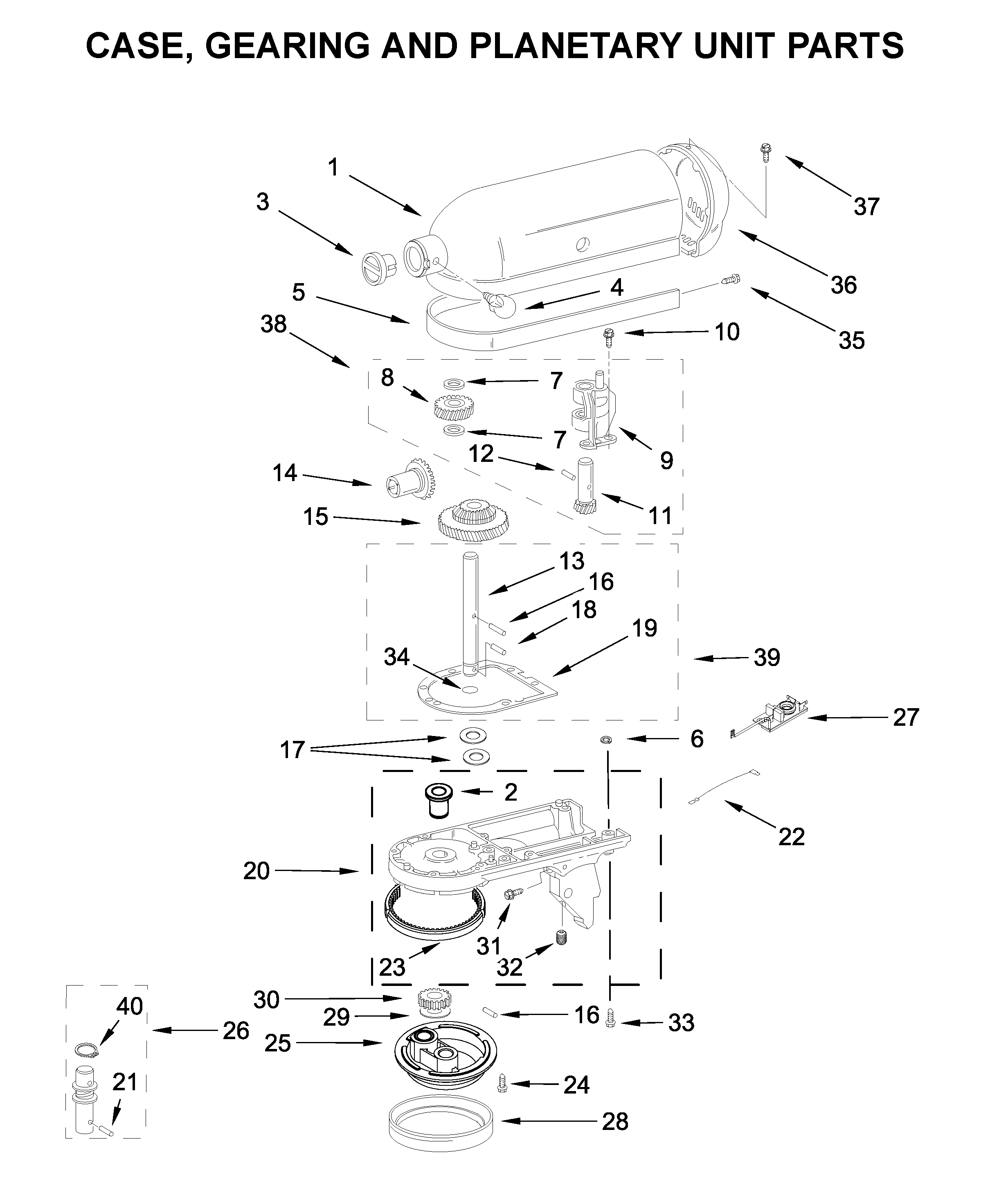 KitchenAid 5KSM45BSL4 case, gearing and planetary unit parts diagram