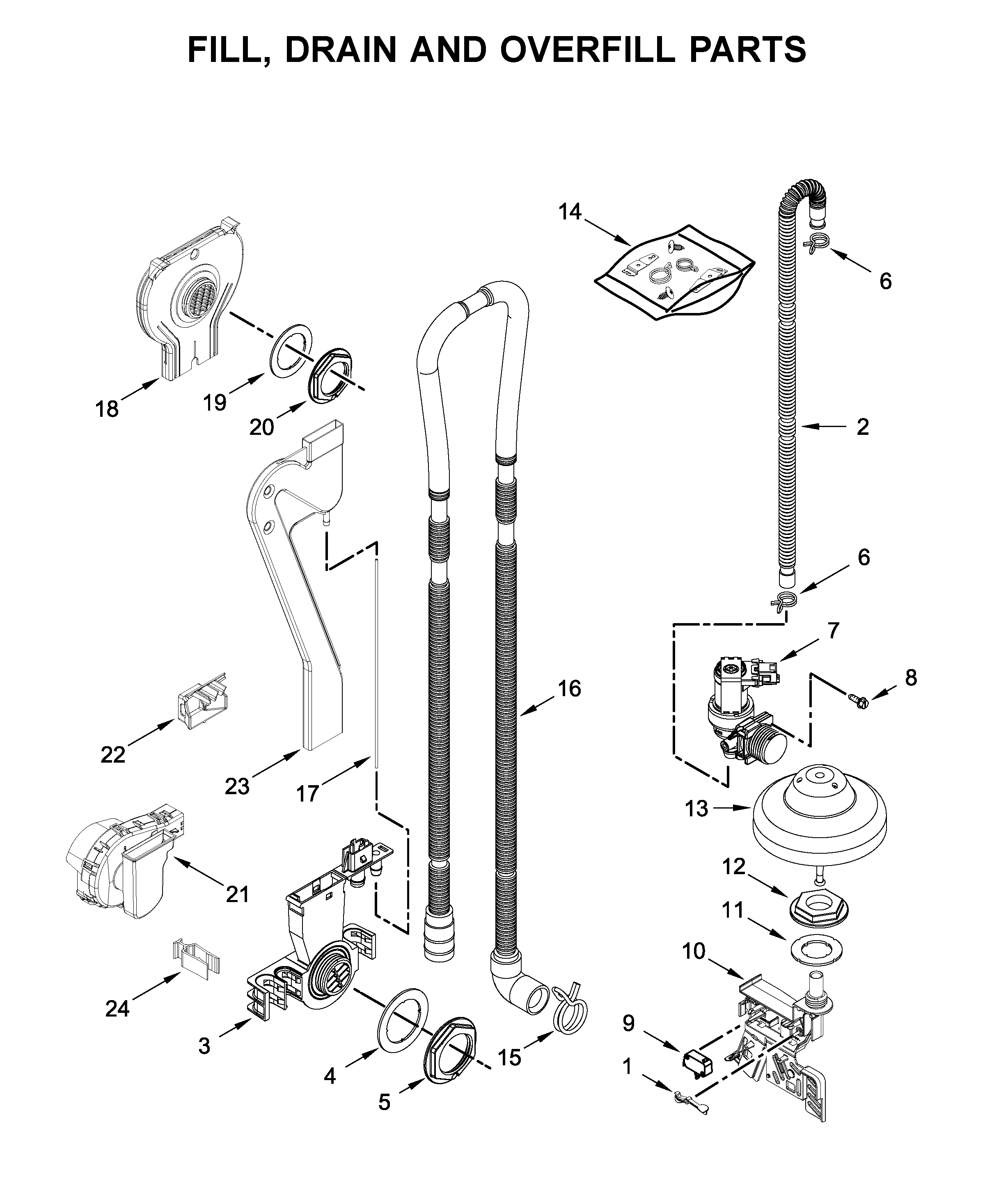 KitchenAid KDTM384ESS3 fill, drain and overfill parts diagram