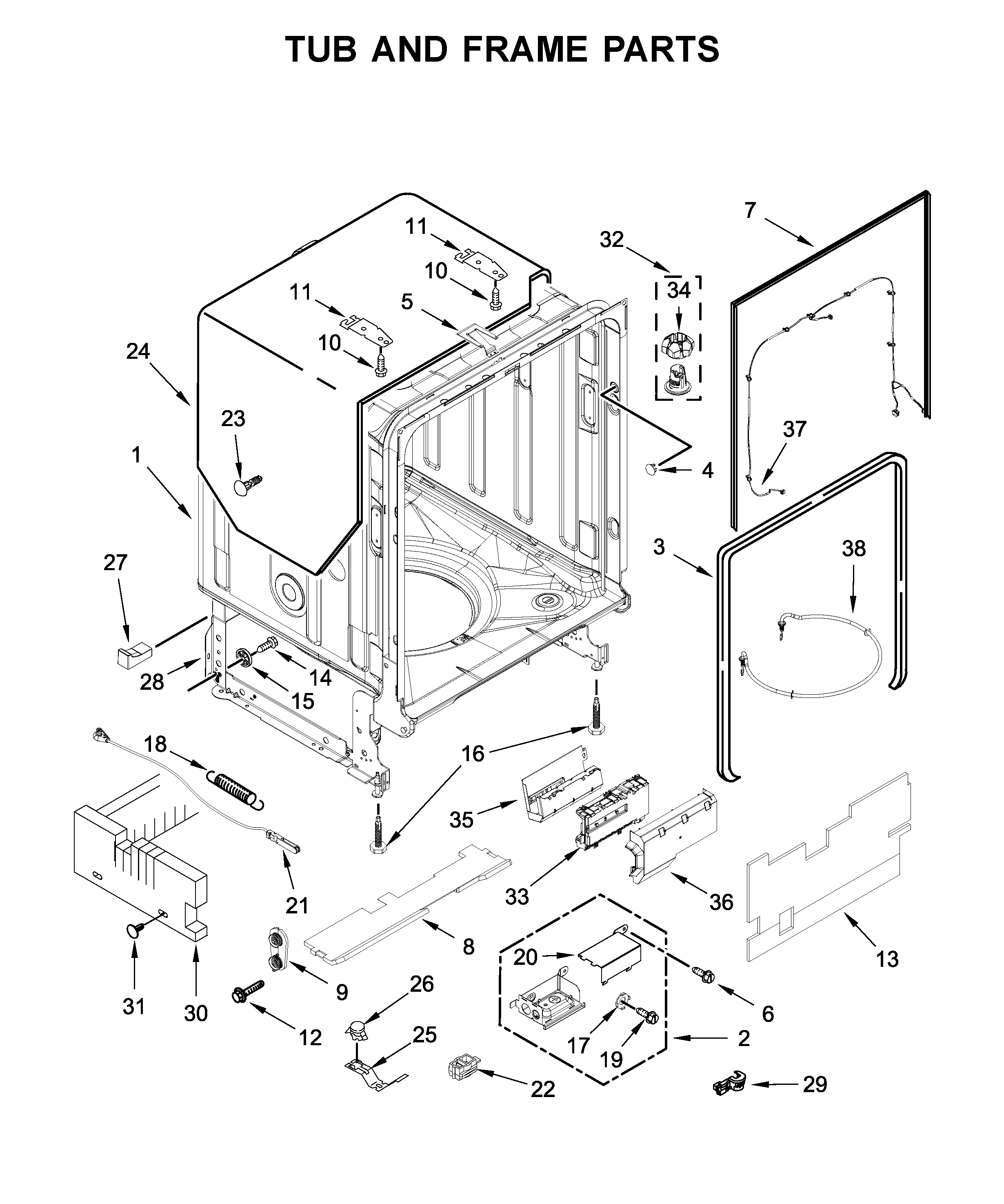 KitchenAid KDTM384ESS3 tub and frame parts diagram