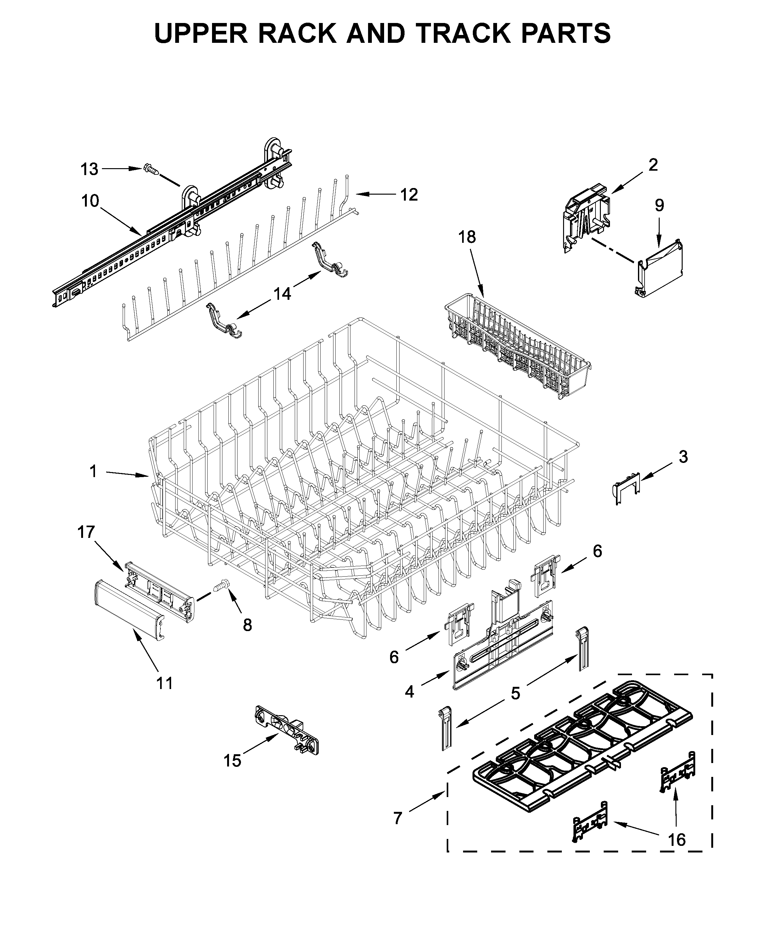 KitchenAid KDTM384ESS3 upper rack and track parts diagram