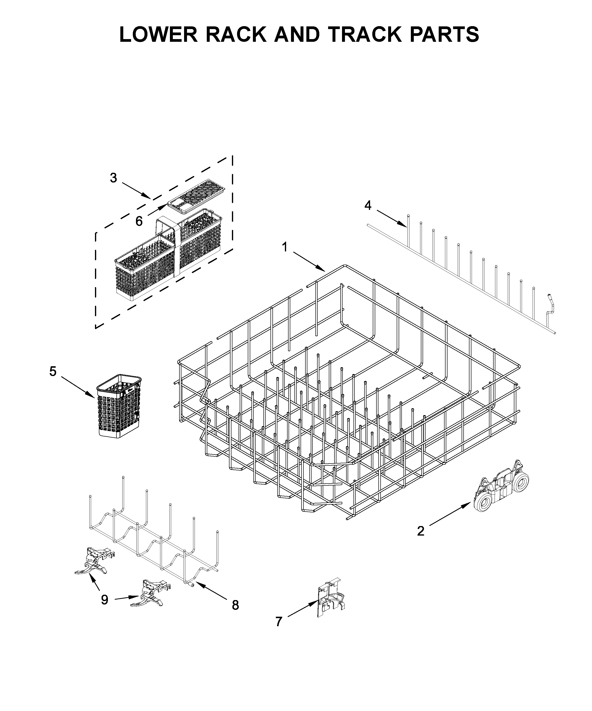 KitchenAid KDTM384ESS3 lower rack and track parts diagram