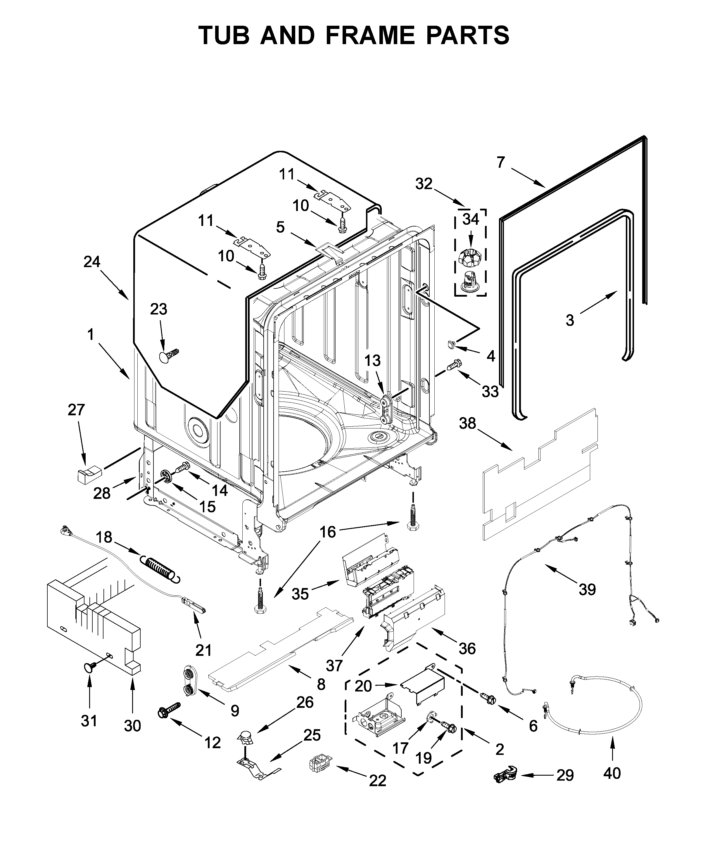 KitchenAid KDTM704ESS3 tub and frame parts diagram