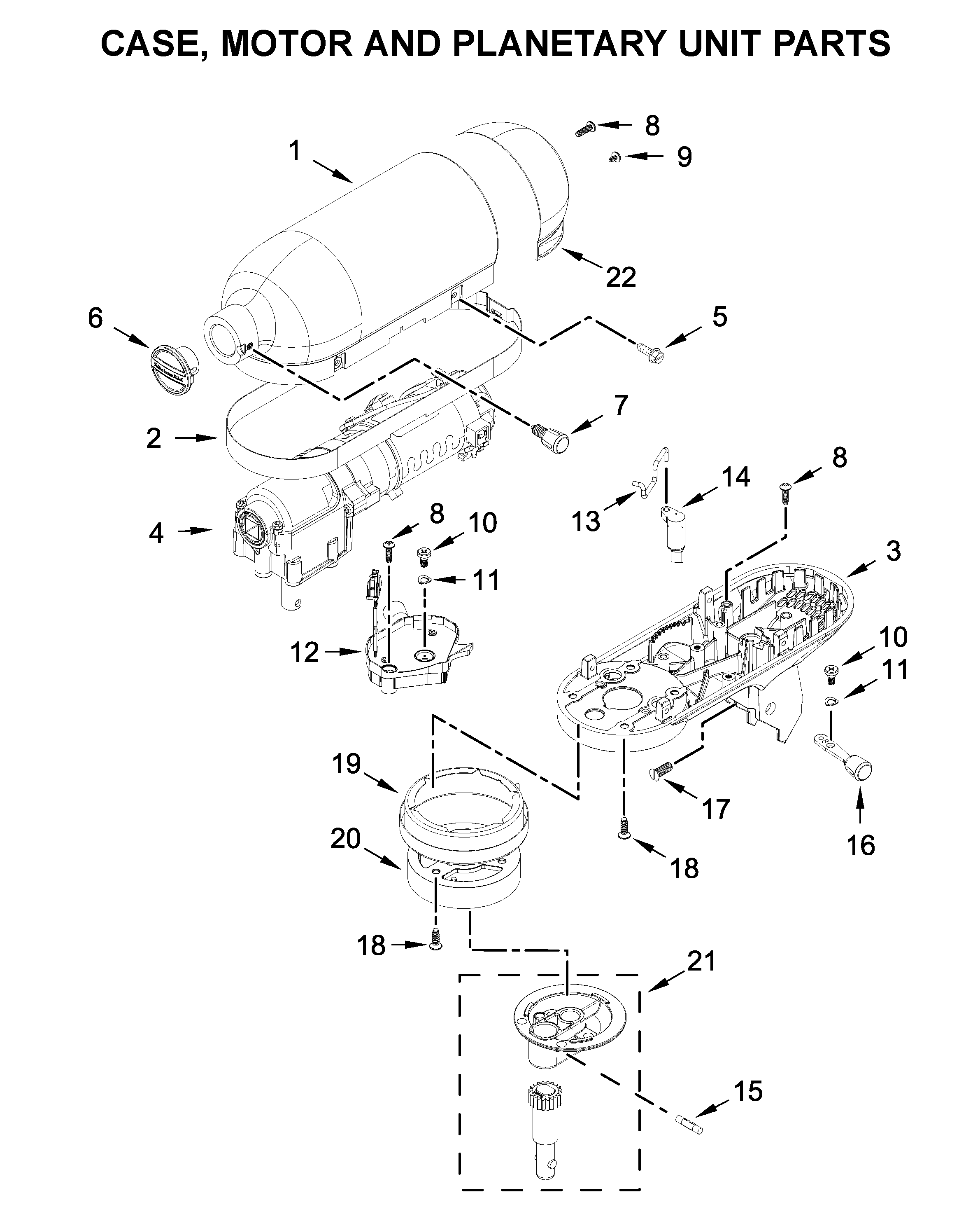 KitchenAid KSM3311XGU0 case, motor and planetary unit parts diagram