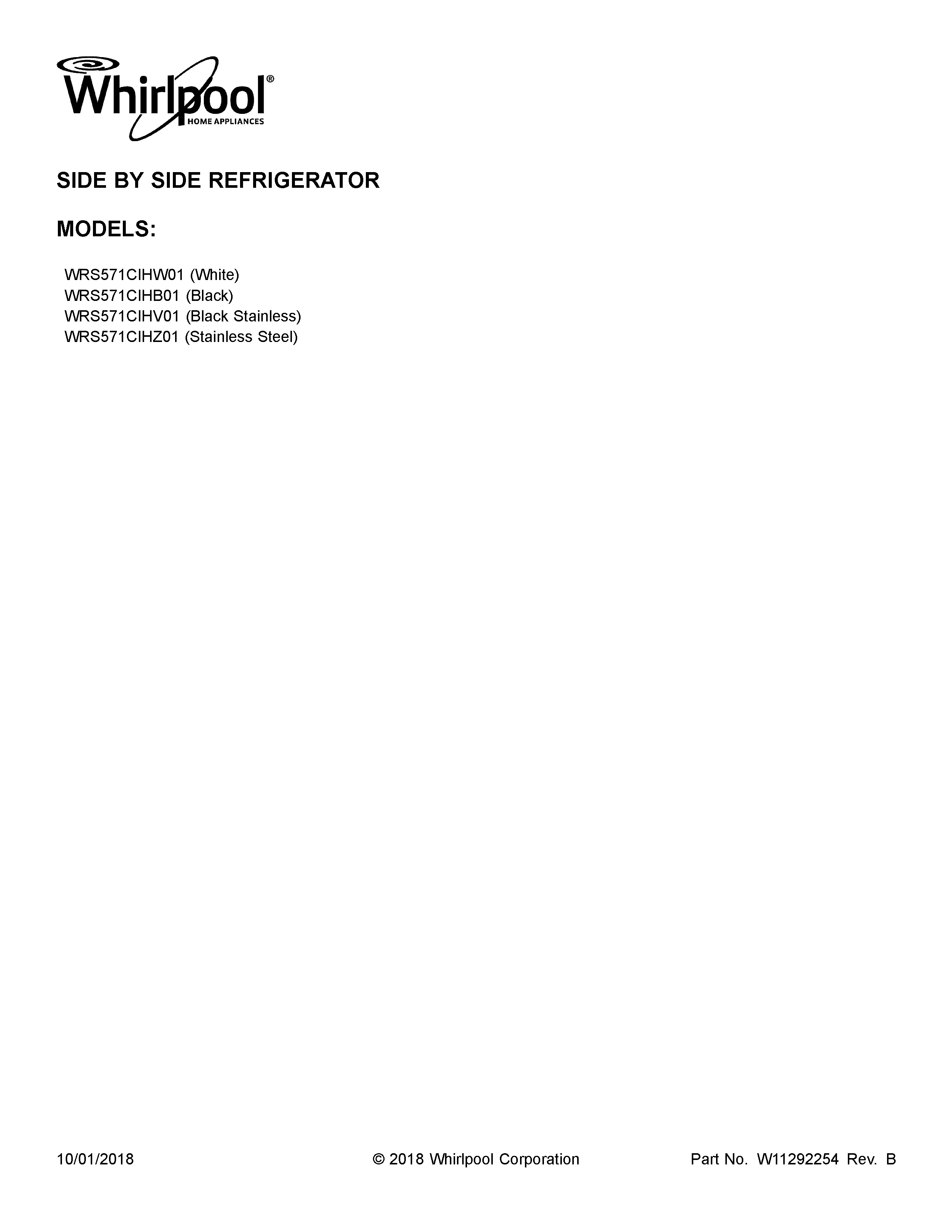 Whirlpool WRS571CIHZ01 cover sheet diagram
