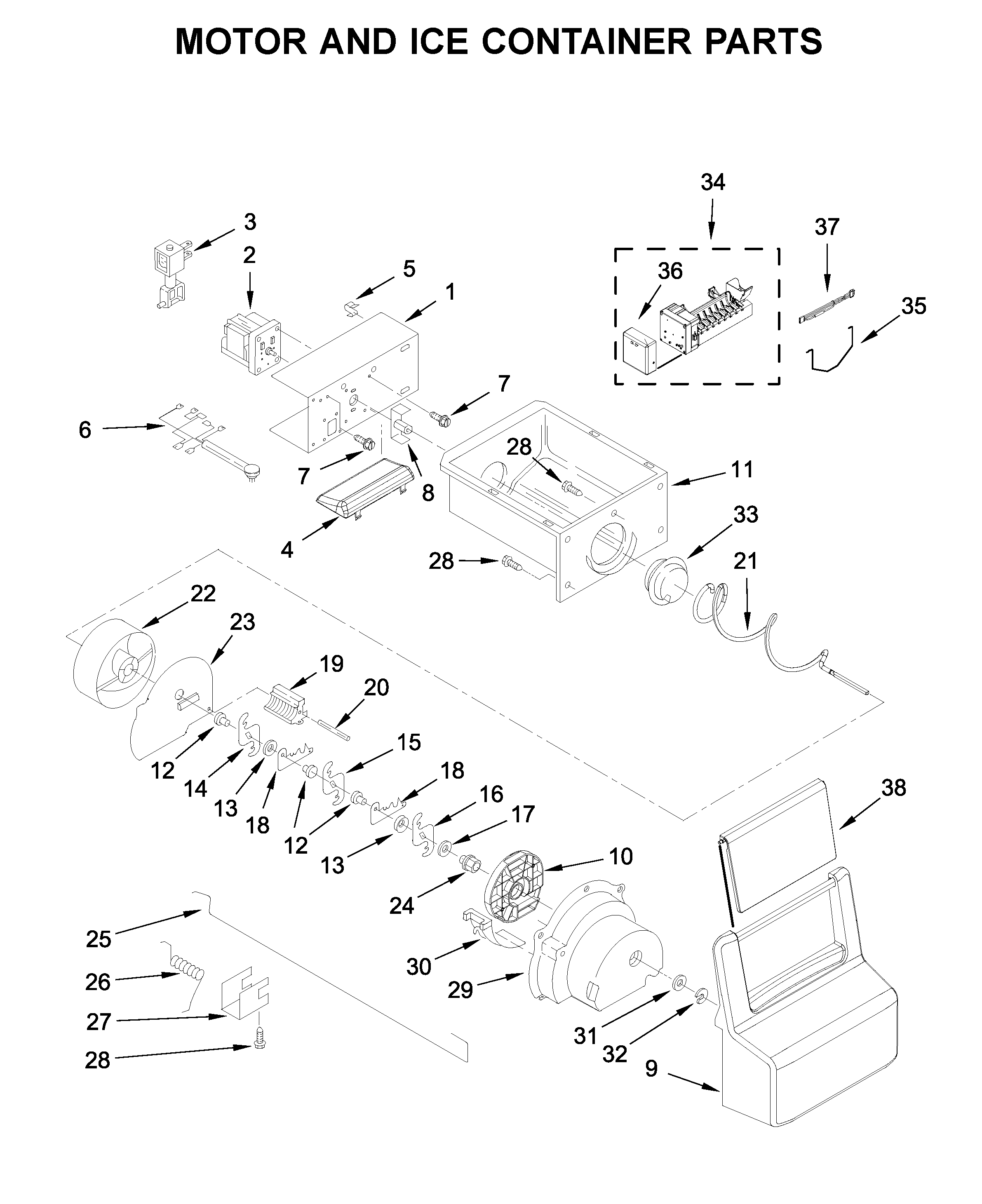 Whirlpool WRS335FDDB01 motor and ice container parts diagram