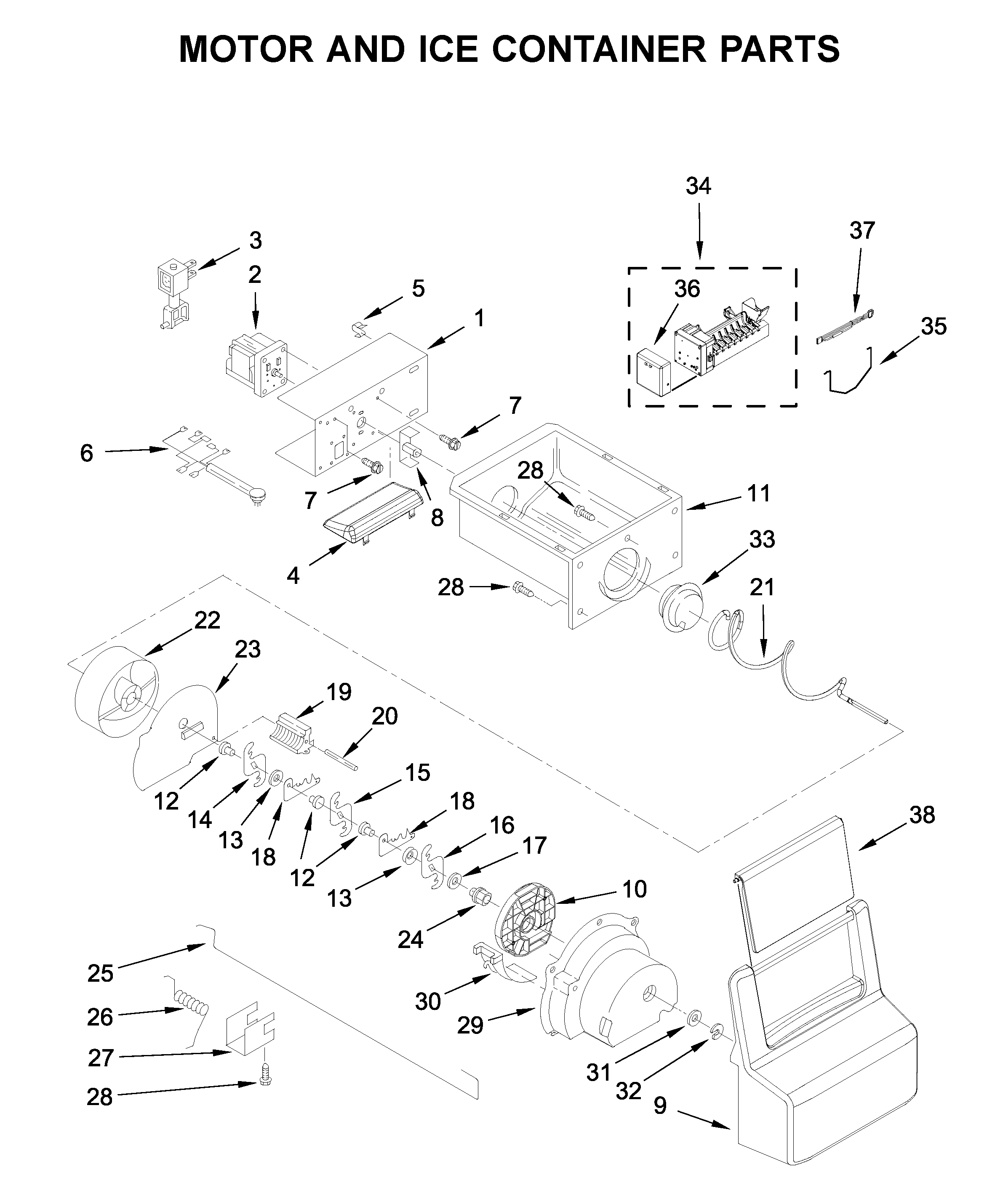 Whirlpool WRS335FDDB02 motor and ice container parts diagram