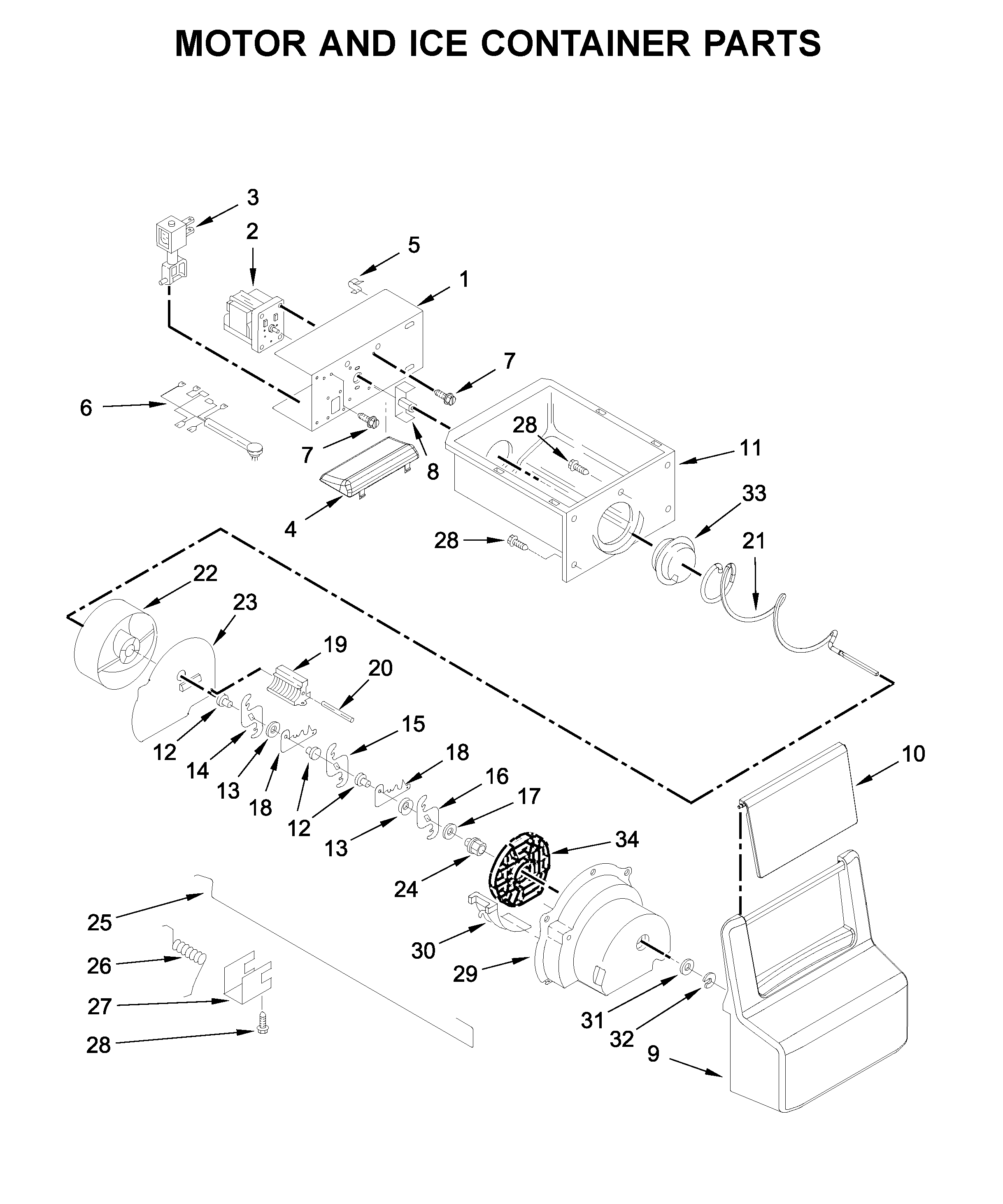 Whirlpool WRS335FDDW00 motor and ice container parts diagram