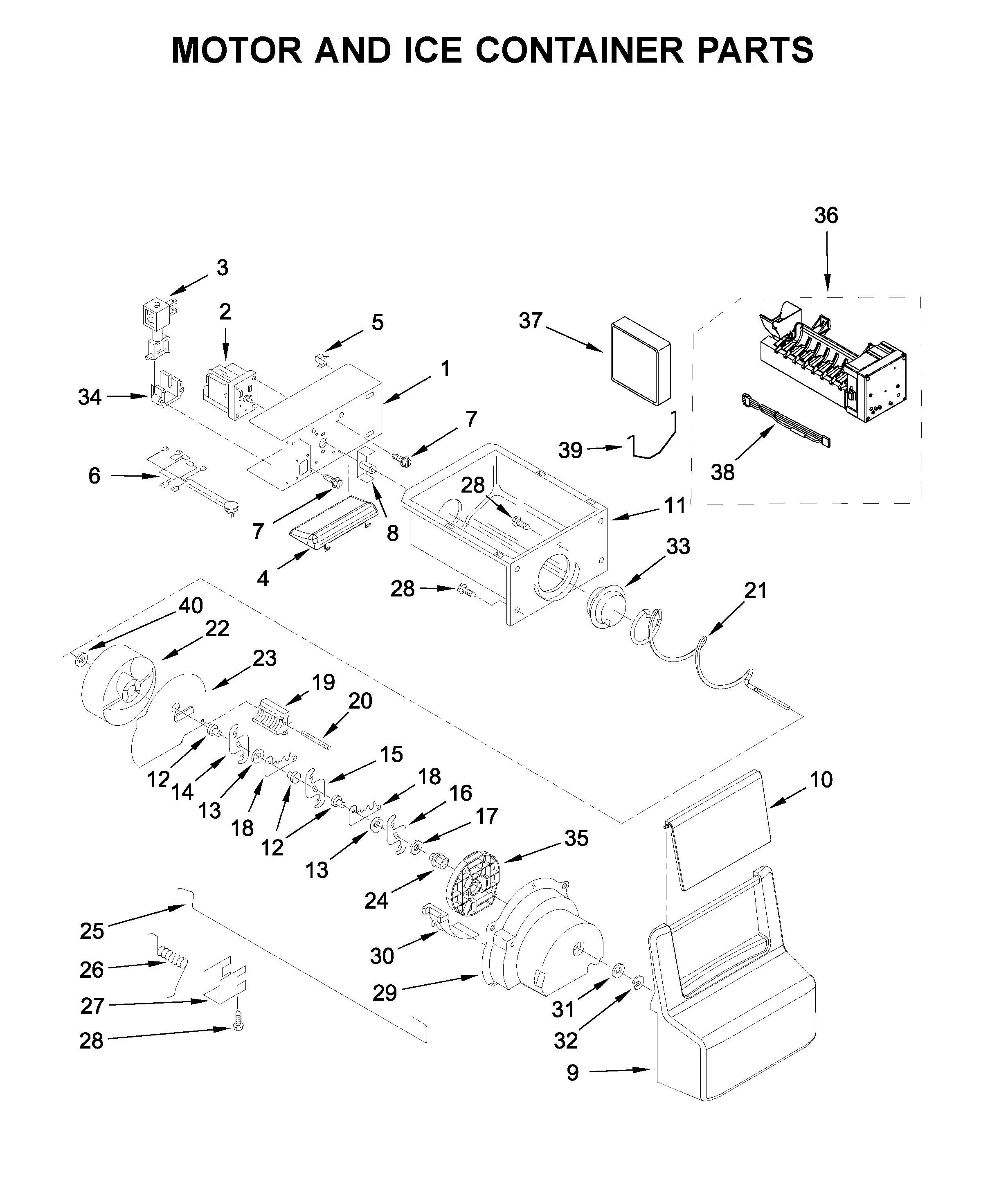 Whirlpool WRS331FDDM01 motor and ice container parts diagram