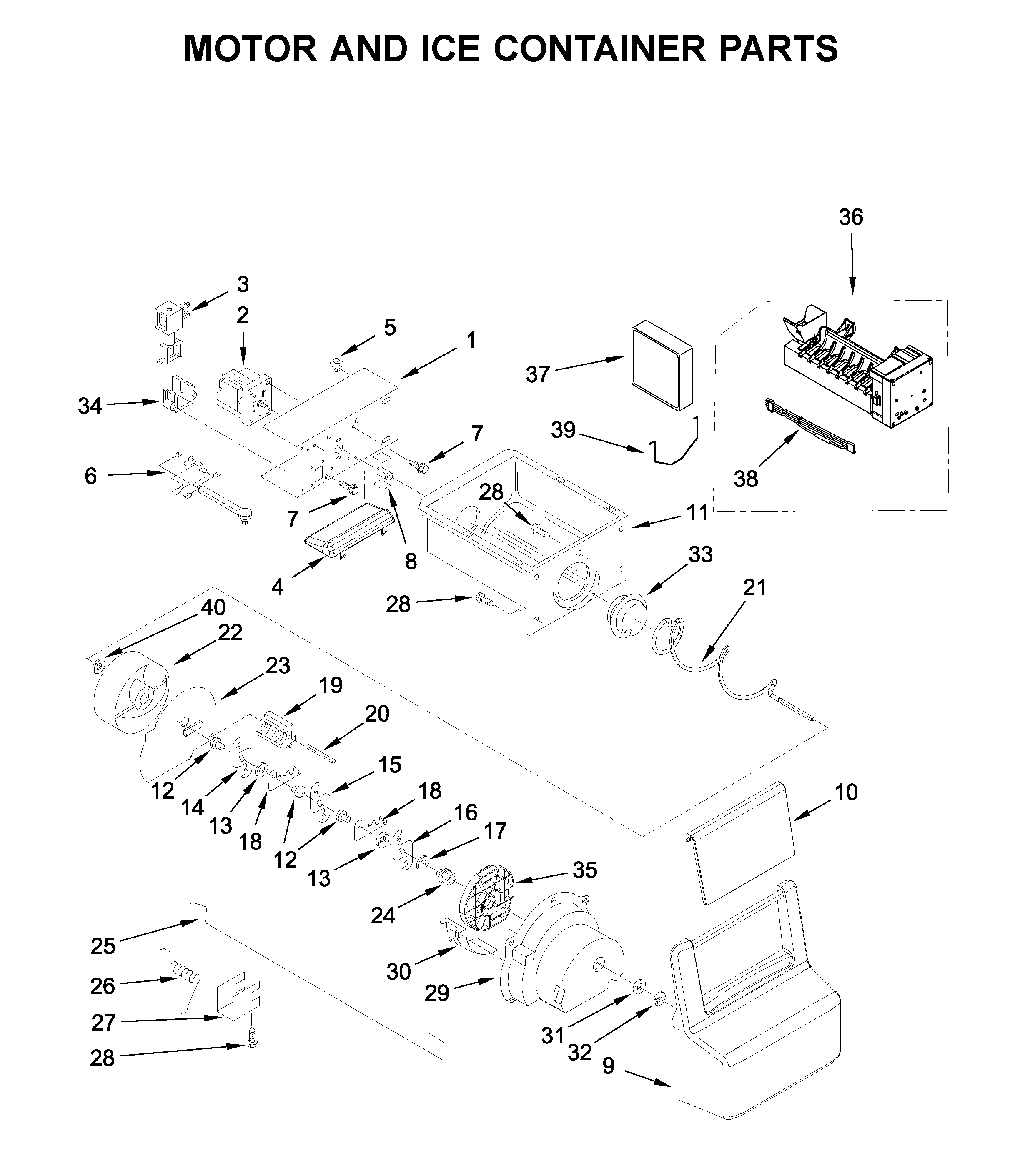 Whirlpool WRS331FDDB02 motor and ice container parts diagram